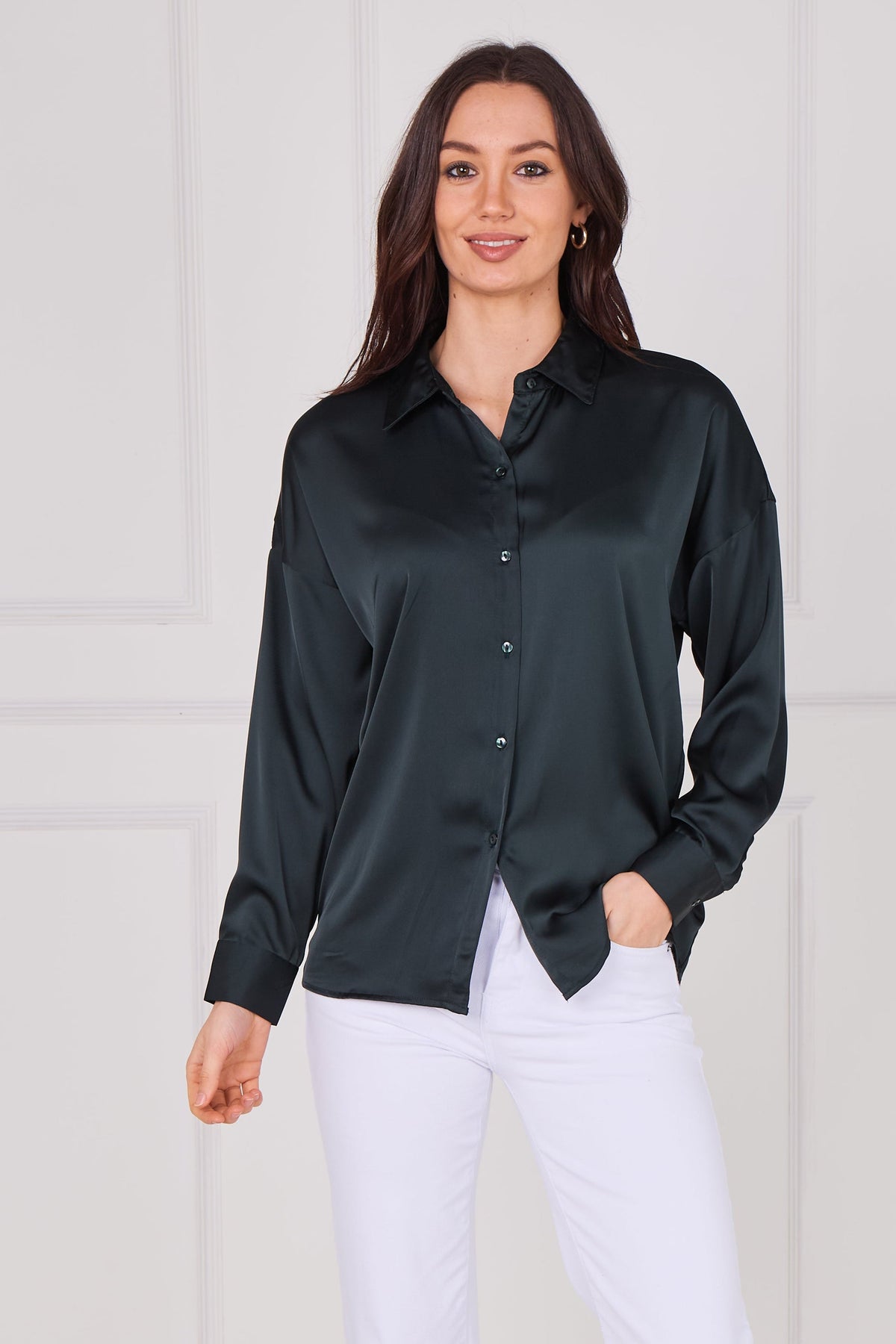 6Pcs Deep Teal Brushed Satin Oversized Shirt