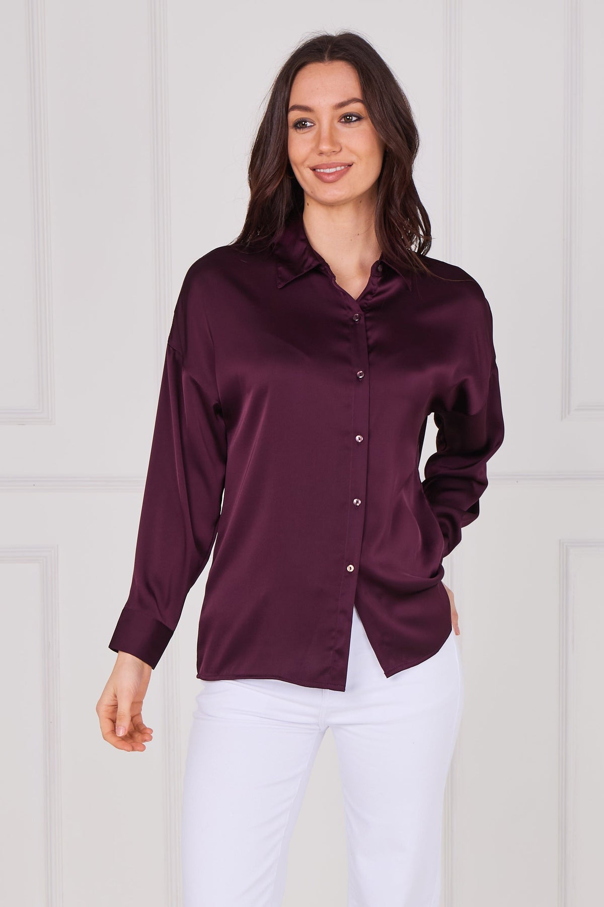 6Pcs Burgundy Brushed Satin Oversized Shirt