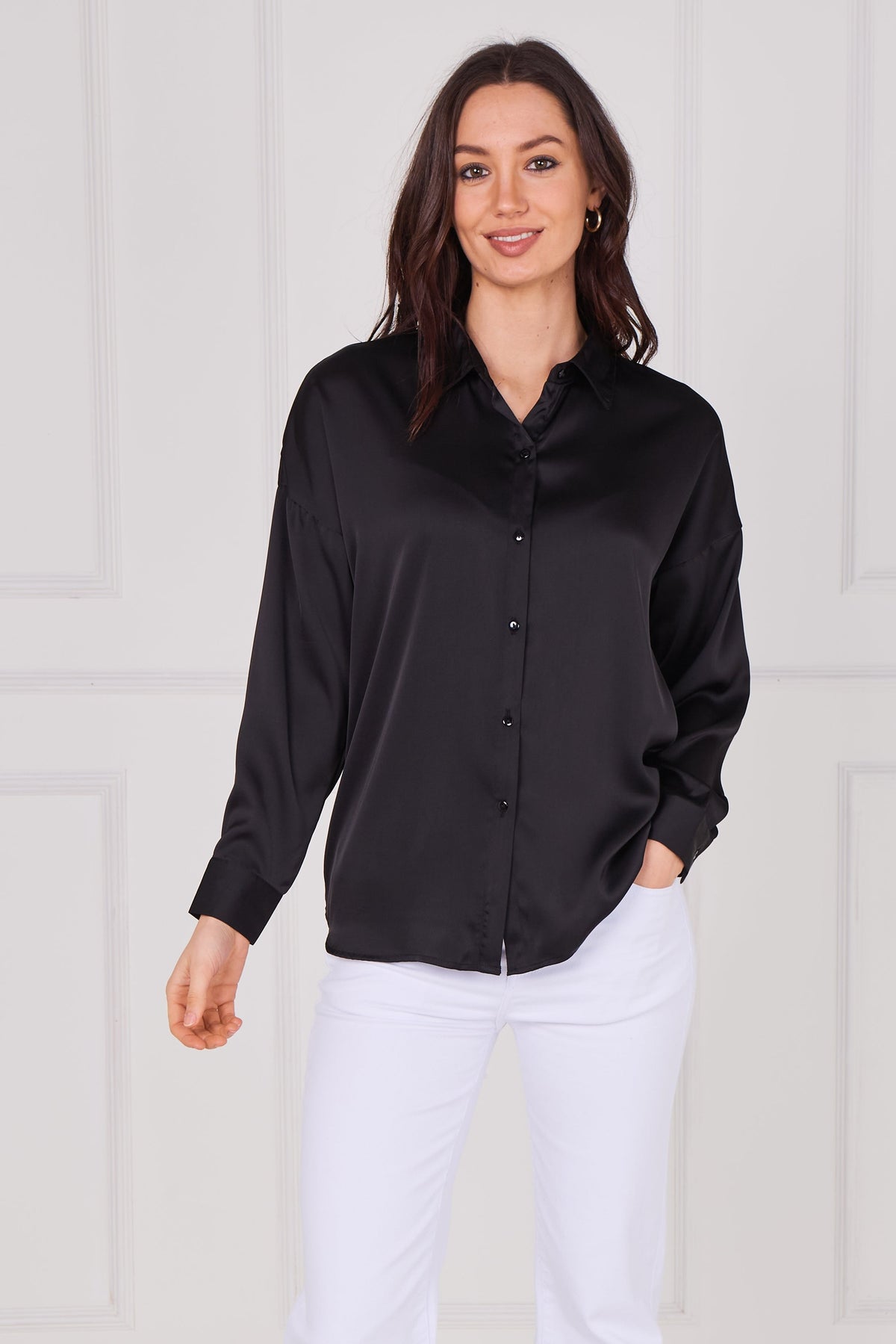 6Pcs Black Brushed Satin Oversized Shirt