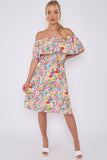 8Pcs White Floral Print Bardot Mini Dress