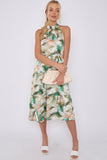 8Pcs Peacock Feather Print Halter Neck Satin Midi Dress
