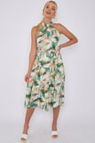 8Pcs Peacock Feather Print Halter Neck Satin Midi Dress