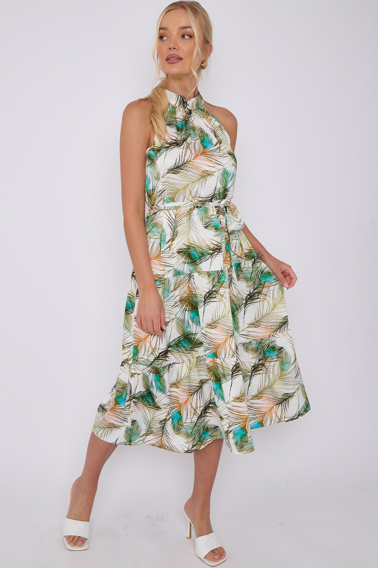 8Pcs Peacock Feather Print Halter Neck Satin Midi Dress