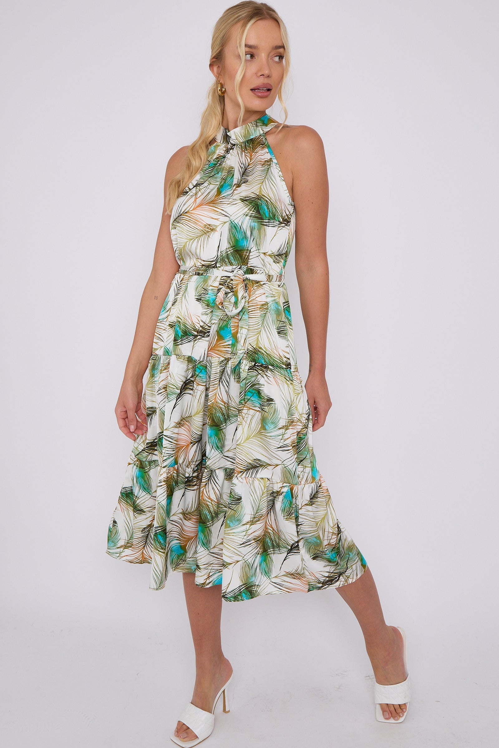 8Pcs Peacock Feather Print Halter Neck Satin Midi Dress