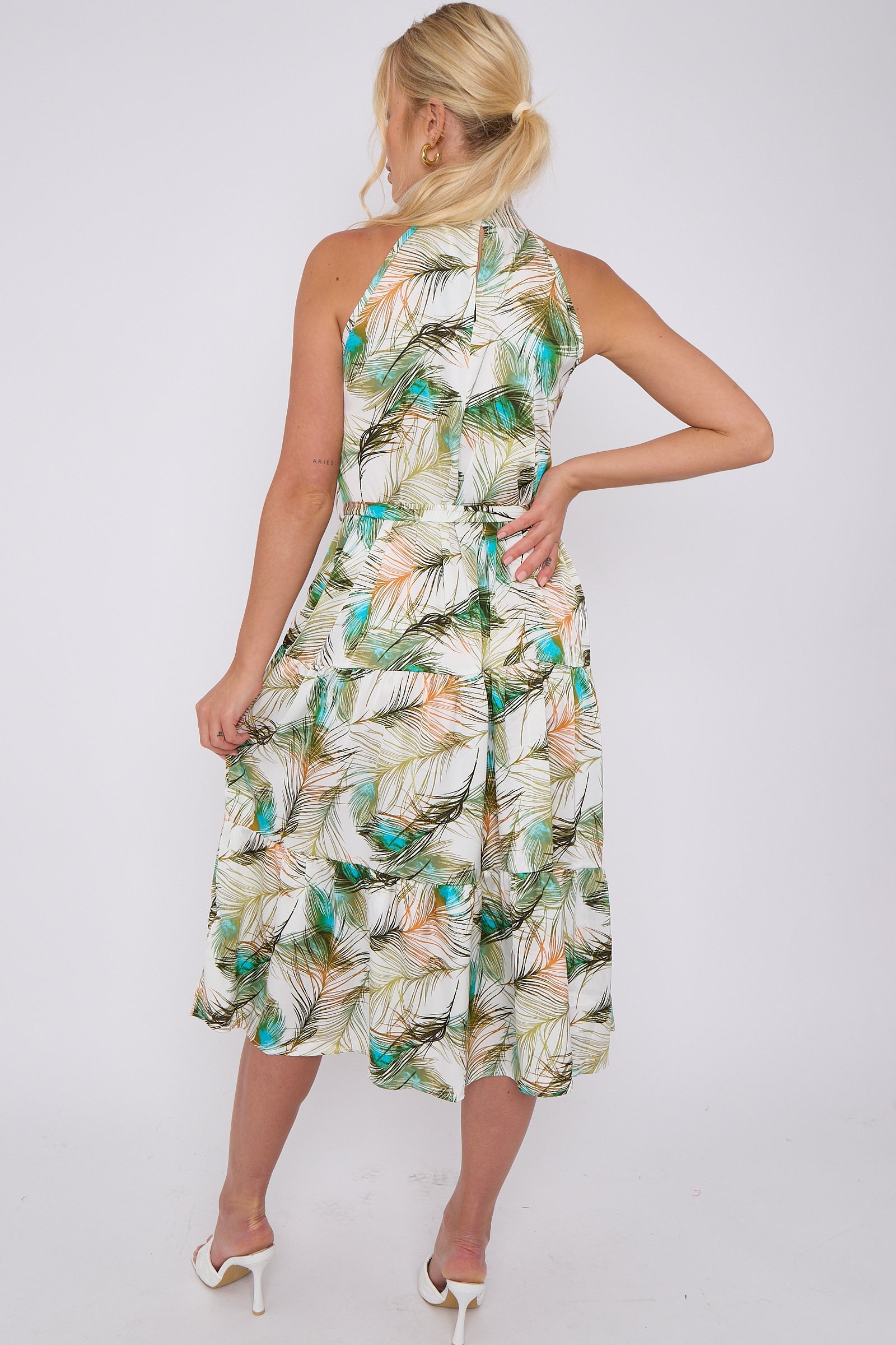 8Pcs Peacock Feather Print Halter Neck Satin Midi Dress