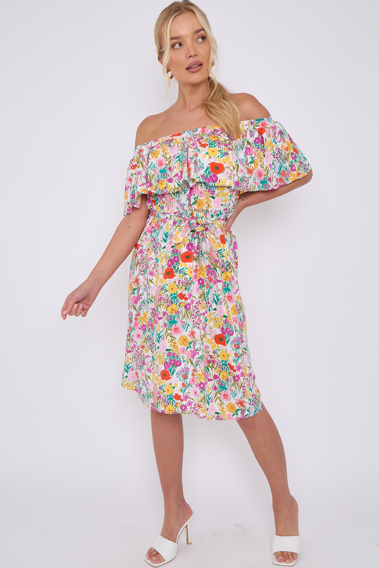 8Pcs White Floral Print Bardot Mini Dress