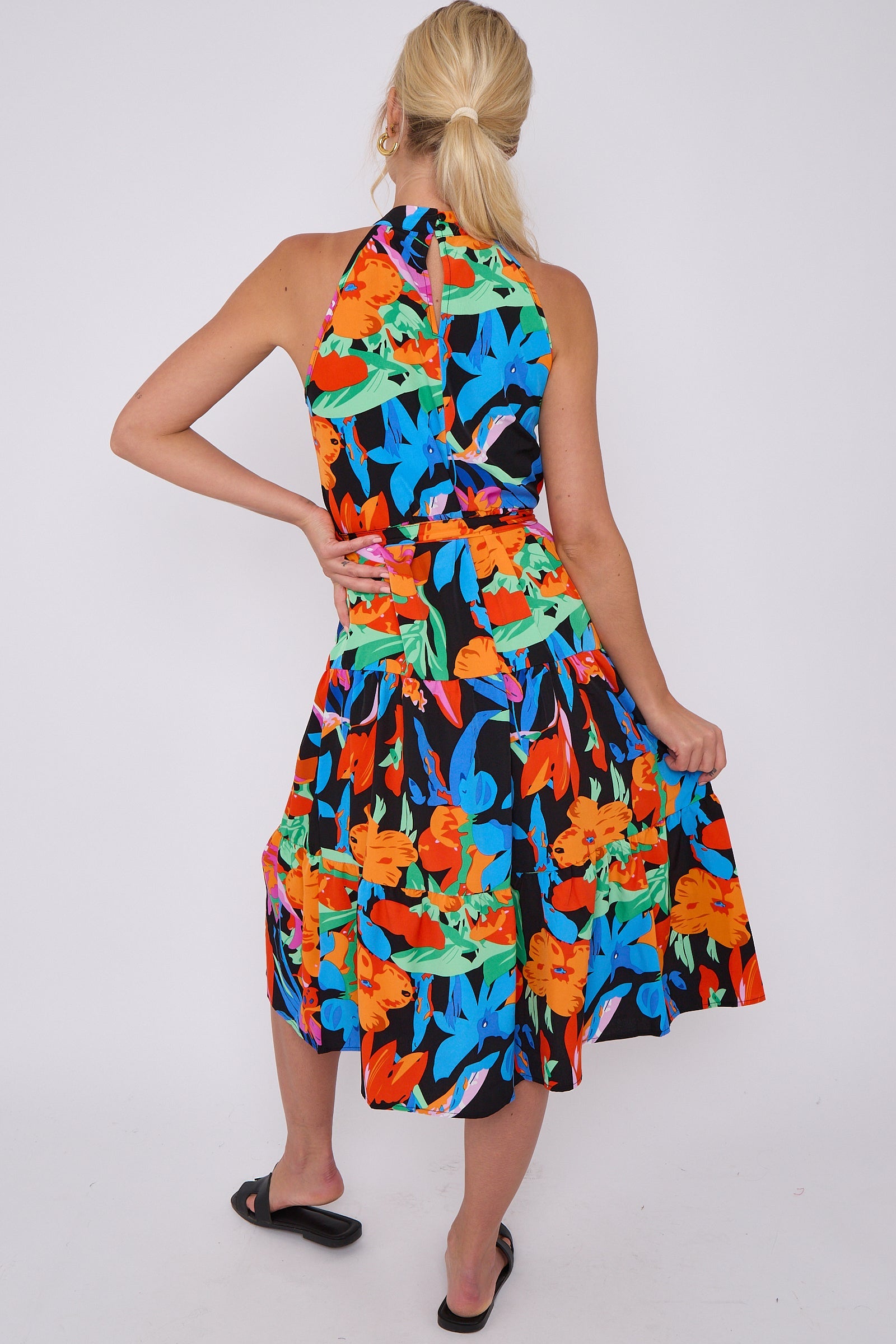 8Pcs Abstract Floral Print Halter Neck Midi Dress