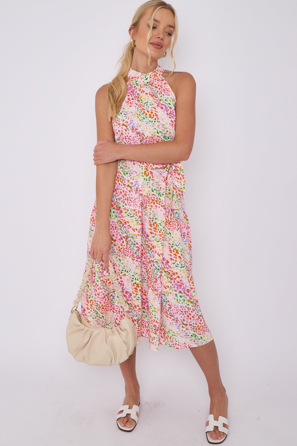 8Pcs Rainbow Leopard Print Halter Neck Midi Dress