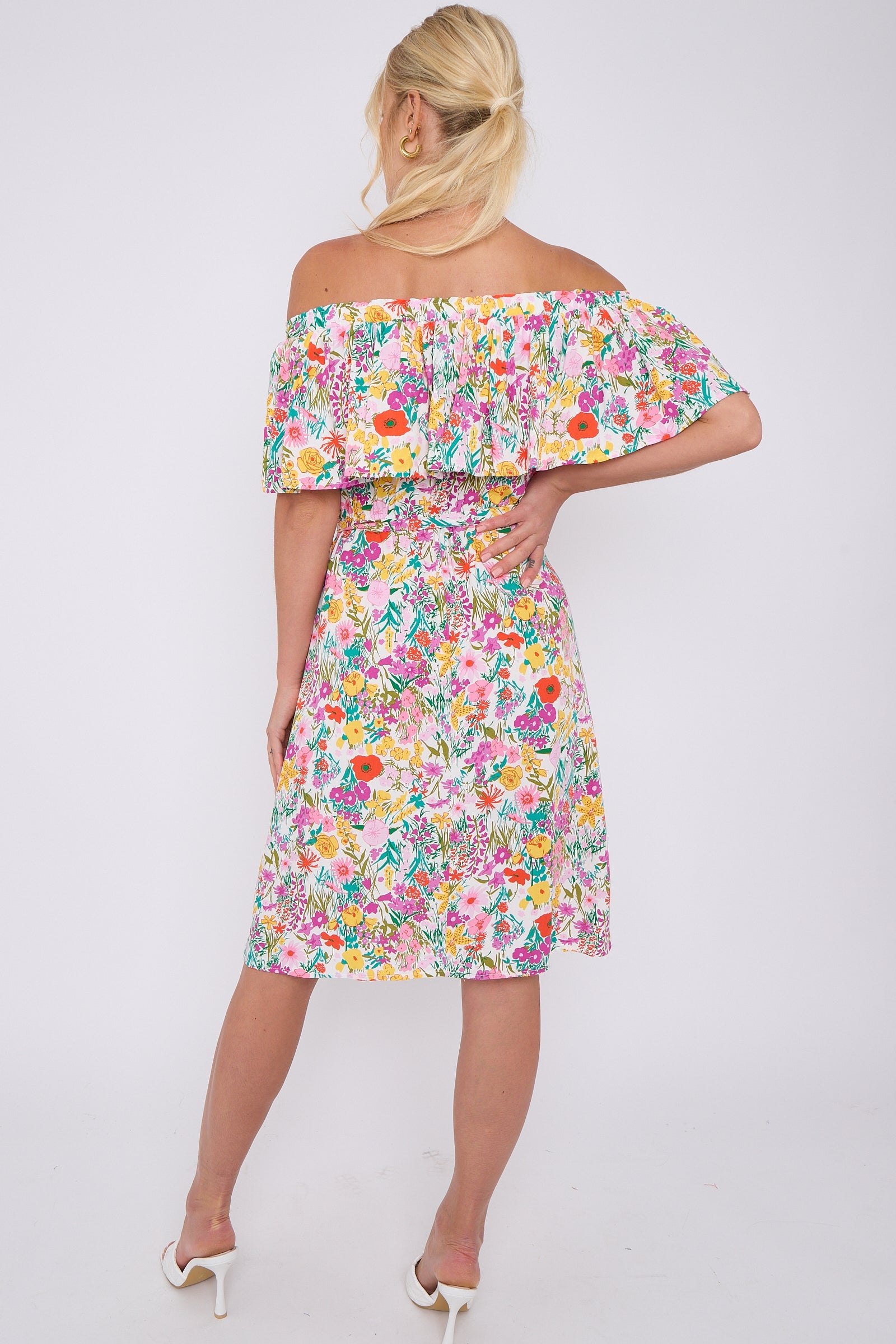8Pcs White Floral Print Bardot Mini Dress