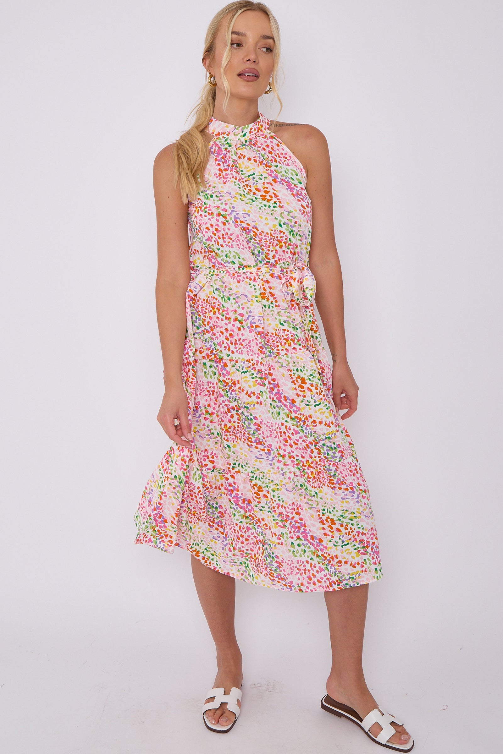 8Pcs Rainbow Leopard Print Halter Neck Midi Dress