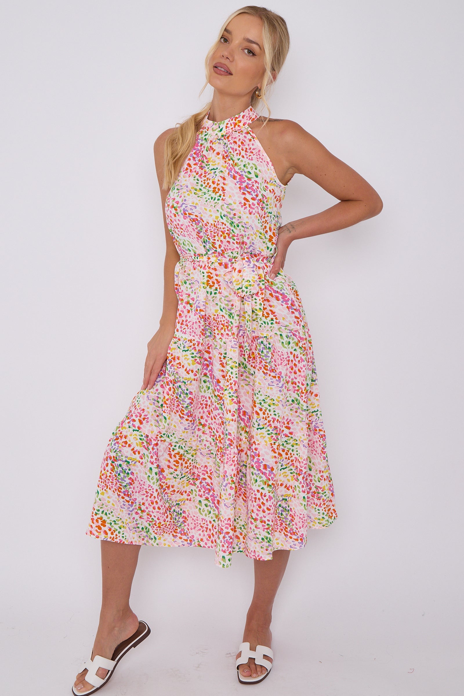 8Pcs Rainbow Leopard Print Halter Neck Midi Dress
