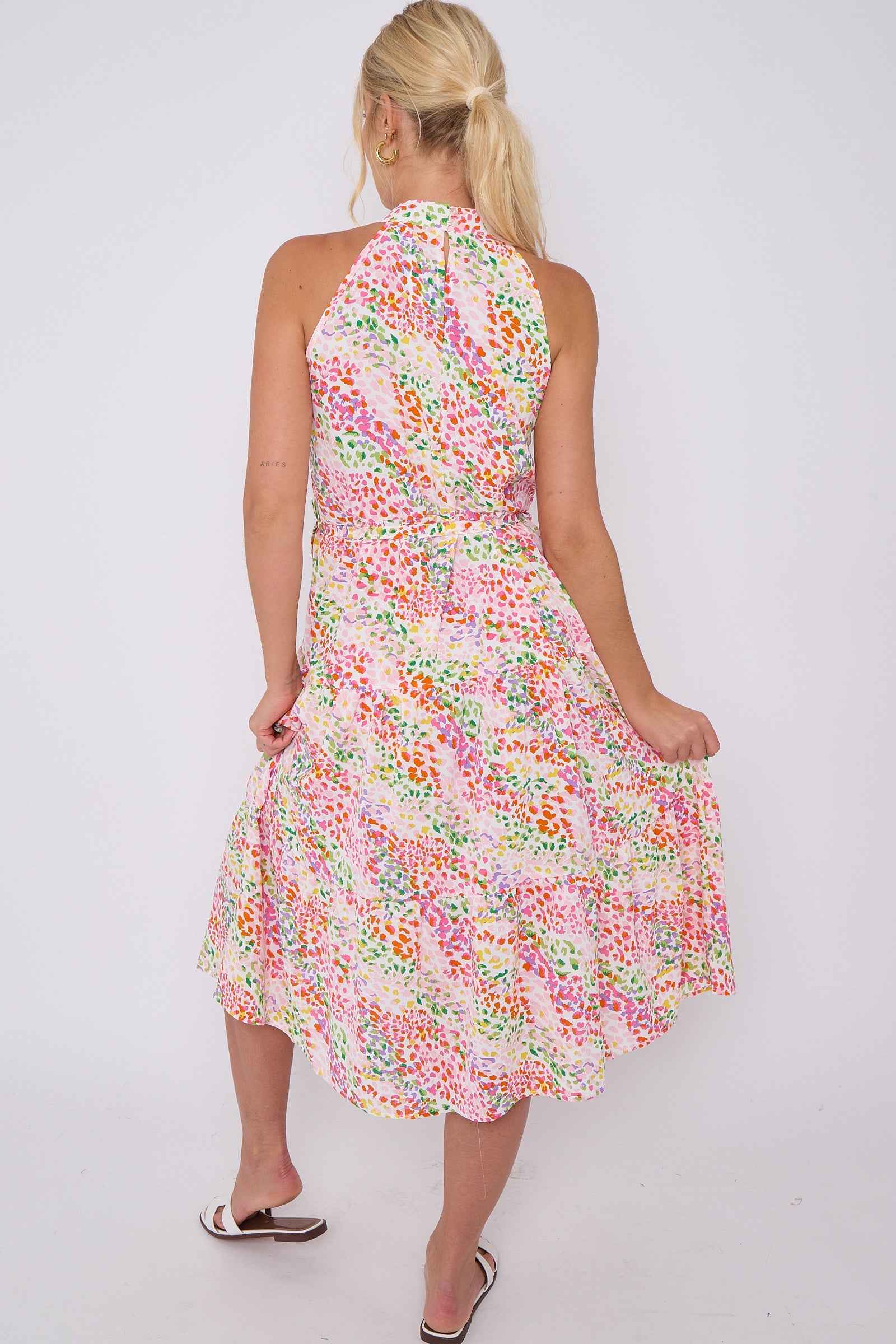 8Pcs Rainbow Leopard Print Halter Neck Midi Dress