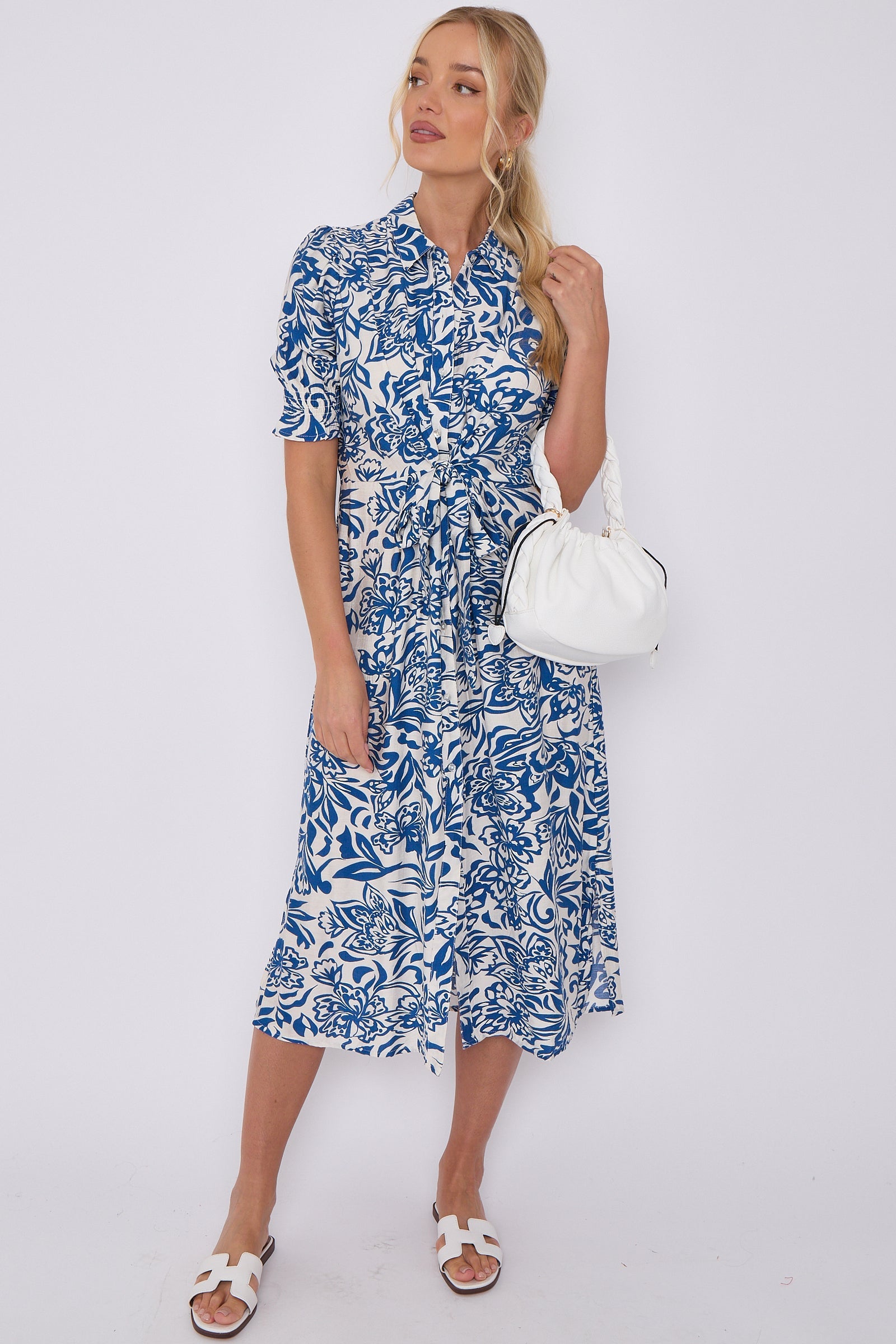 8Pcs Blue Floral Print Baloon Sleeve Knotted Midi Dress