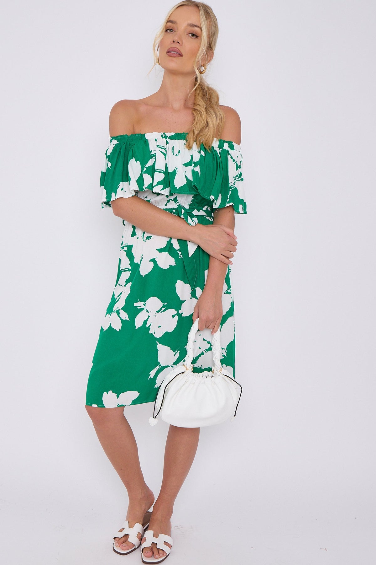 8Pcs Green Floral Print Bardot Mini Dress