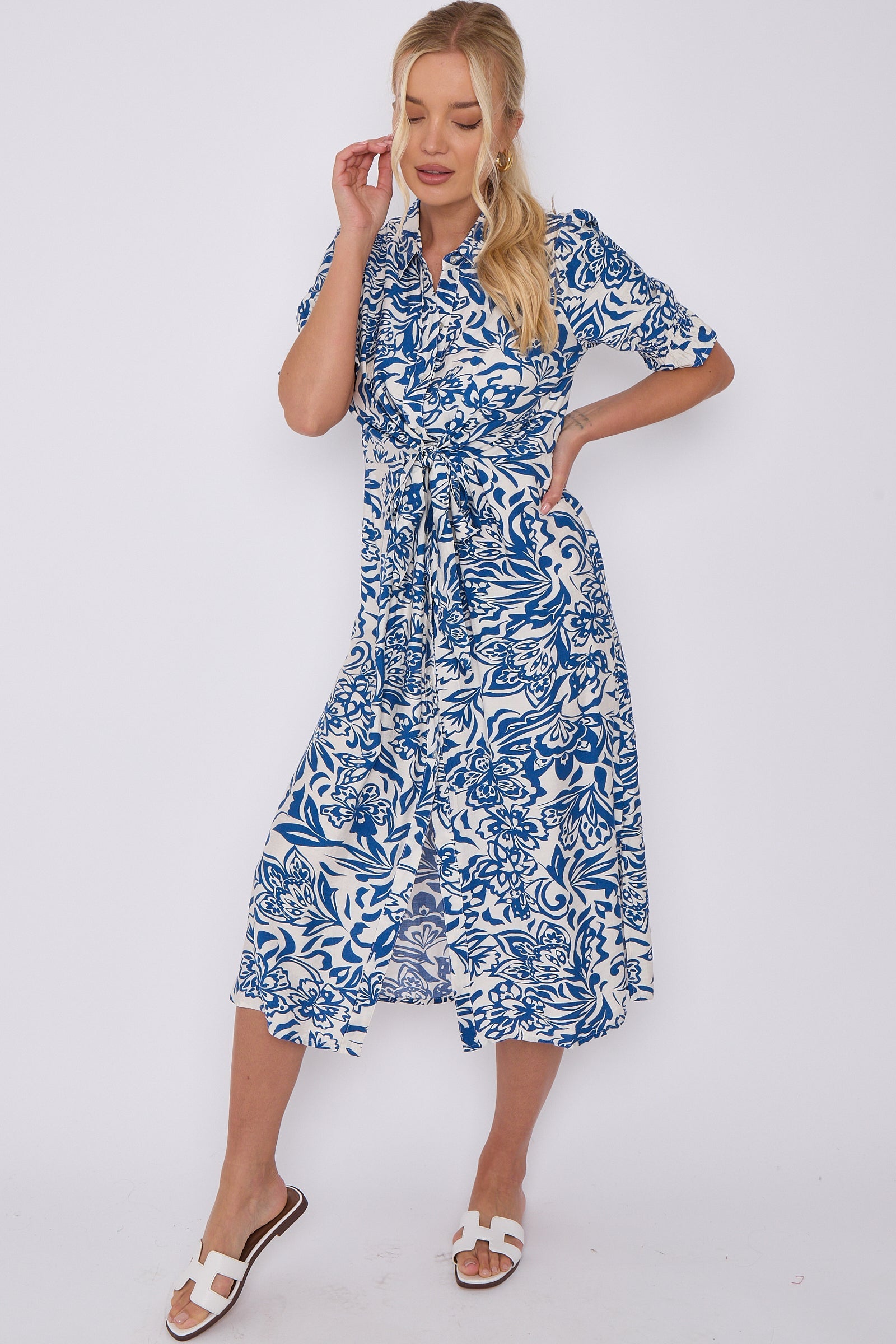 8Pcs Blue Floral Print Baloon Sleeve Knotted Midi Dress