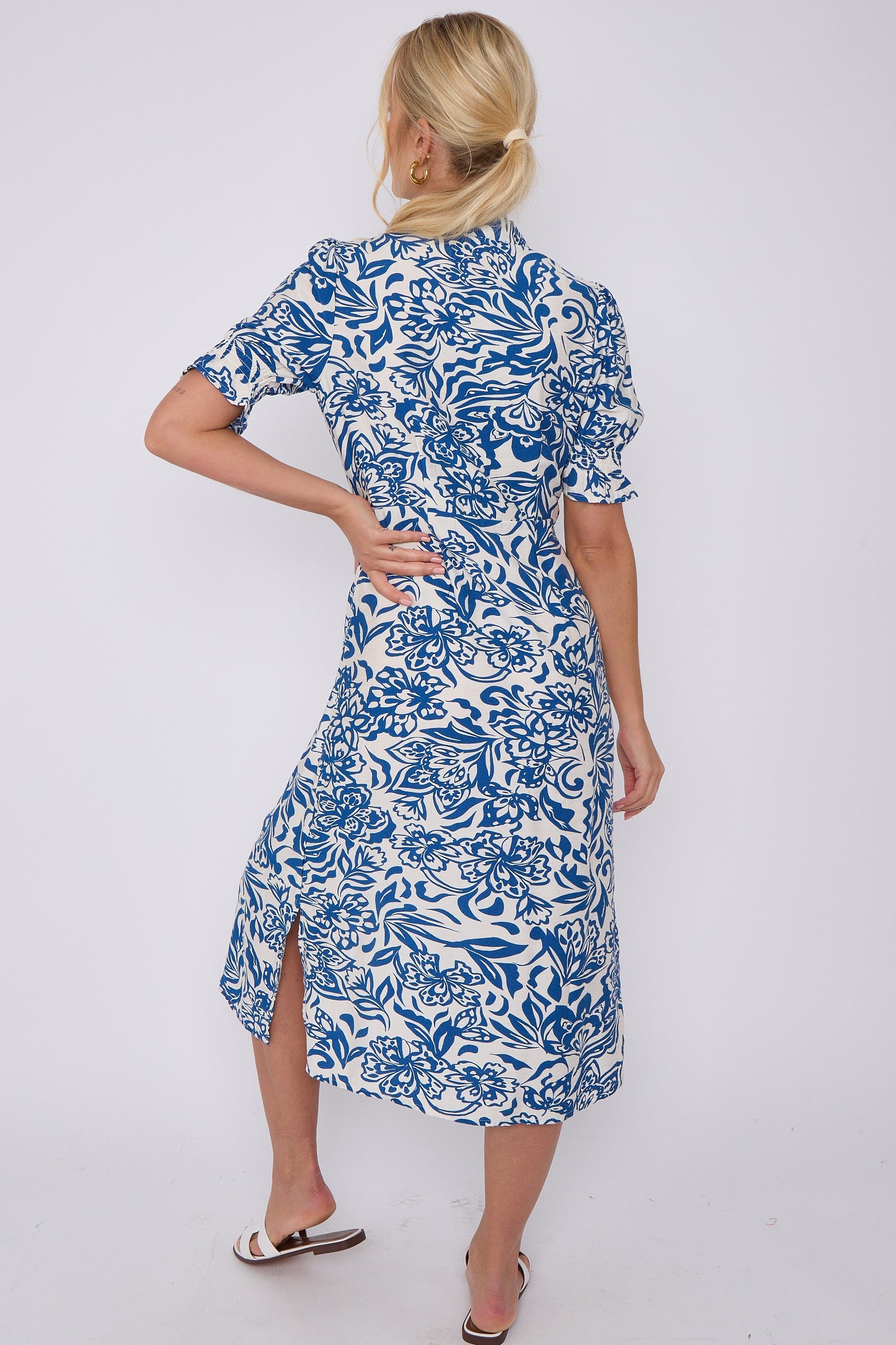 8Pcs Blue Floral Print Baloon Sleeve Knotted Midi Dress
