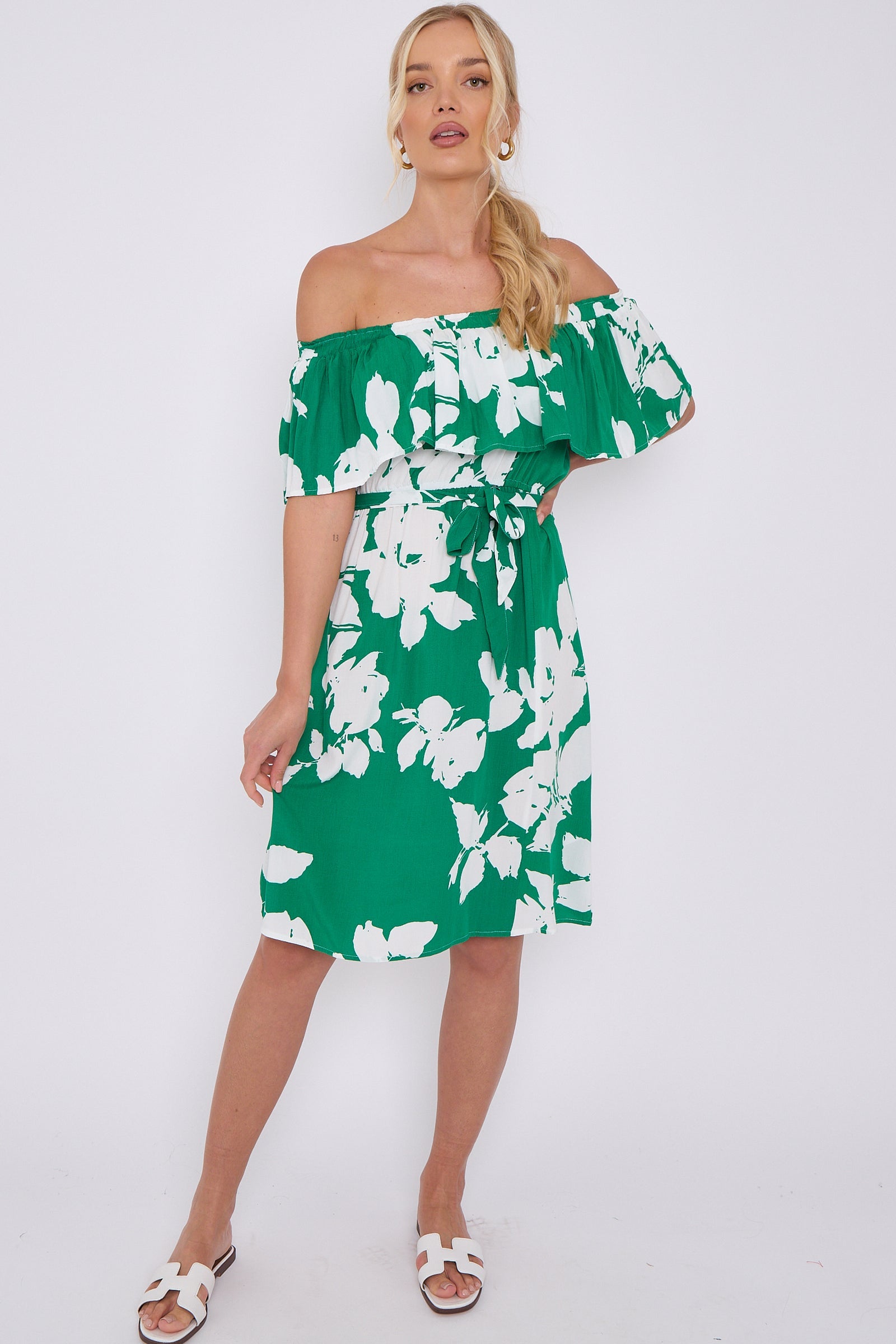 8Pcs Green Floral Print Bardot Mini Dress