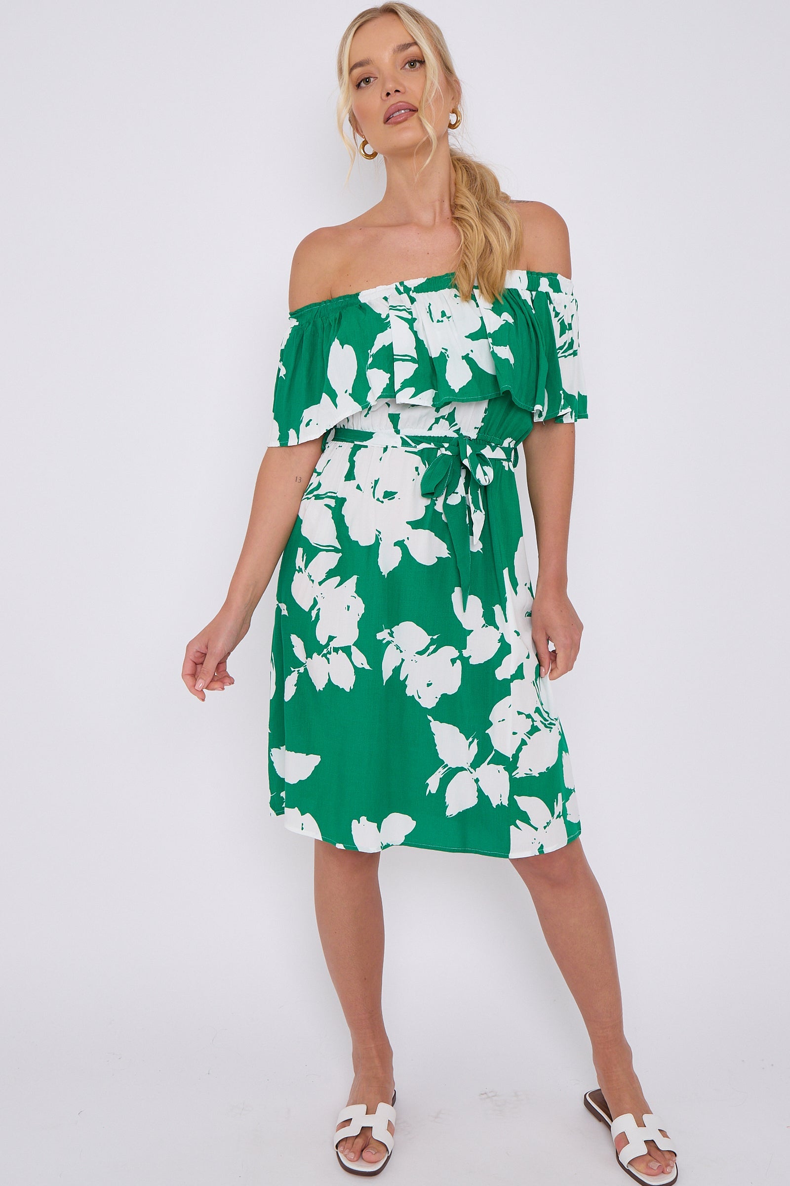 8Pcs Green Floral Print Bardot Mini Dress