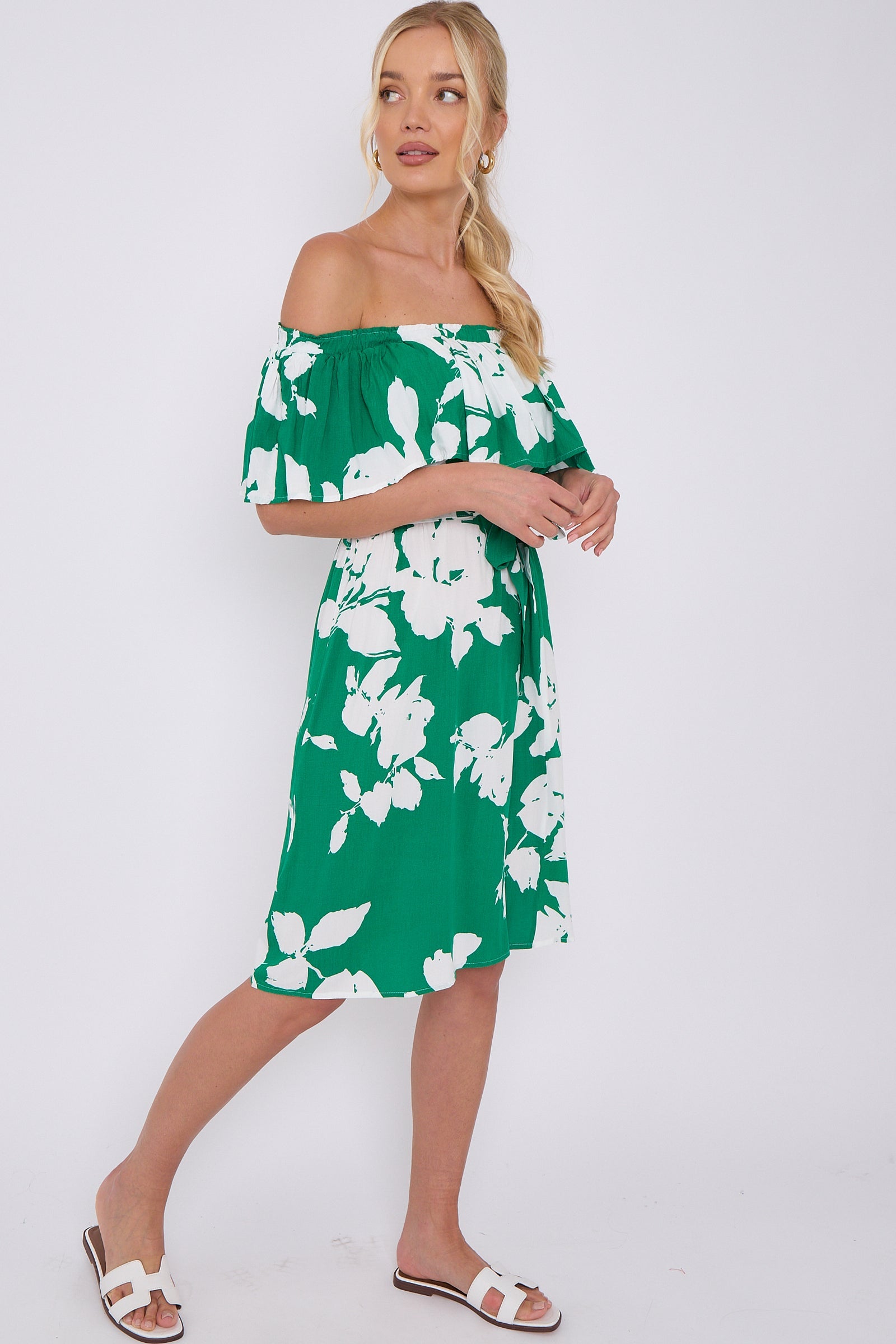 8Pcs Green Floral Print Bardot Mini Dress