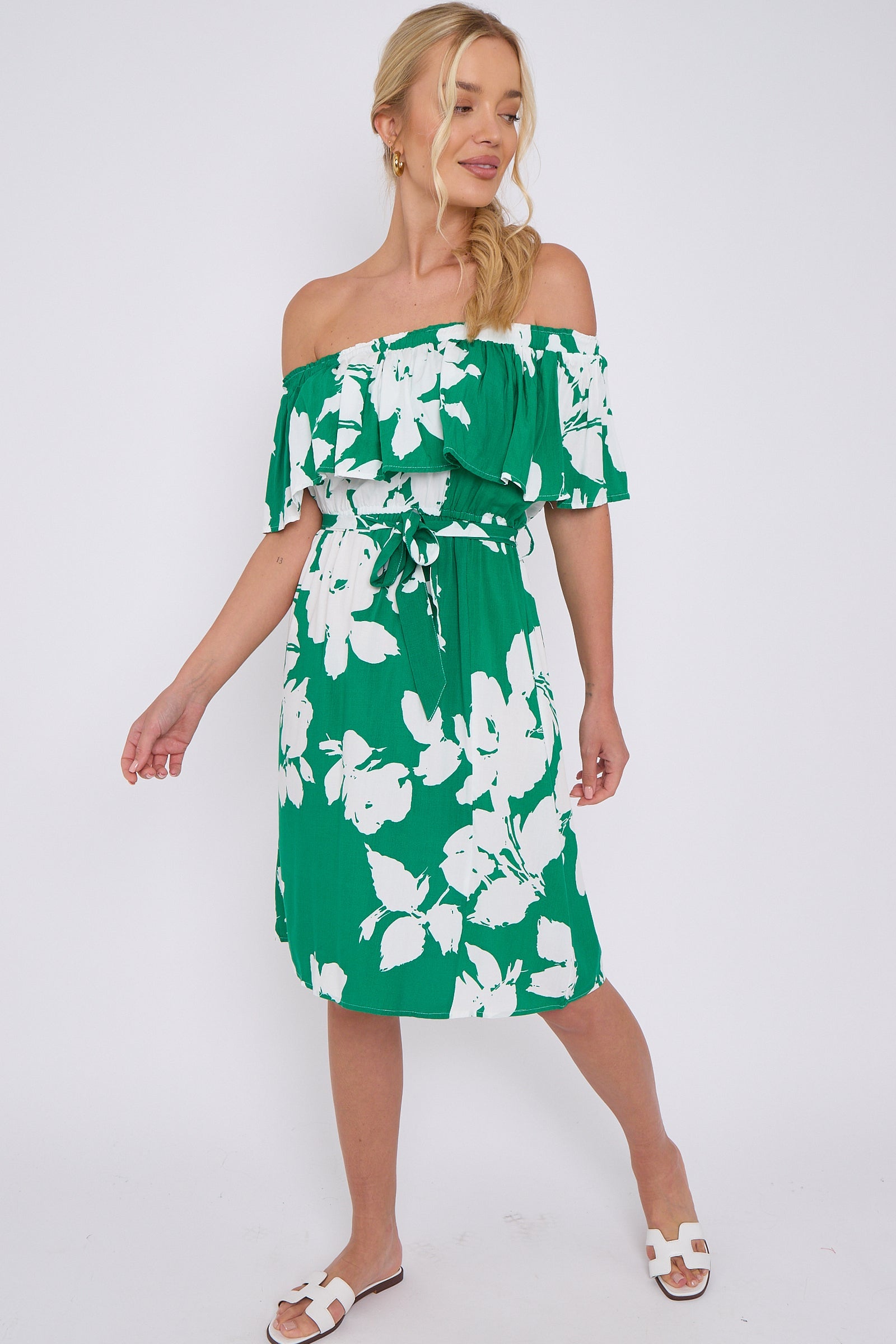 8Pcs Green Floral Print Bardot Mini Dress