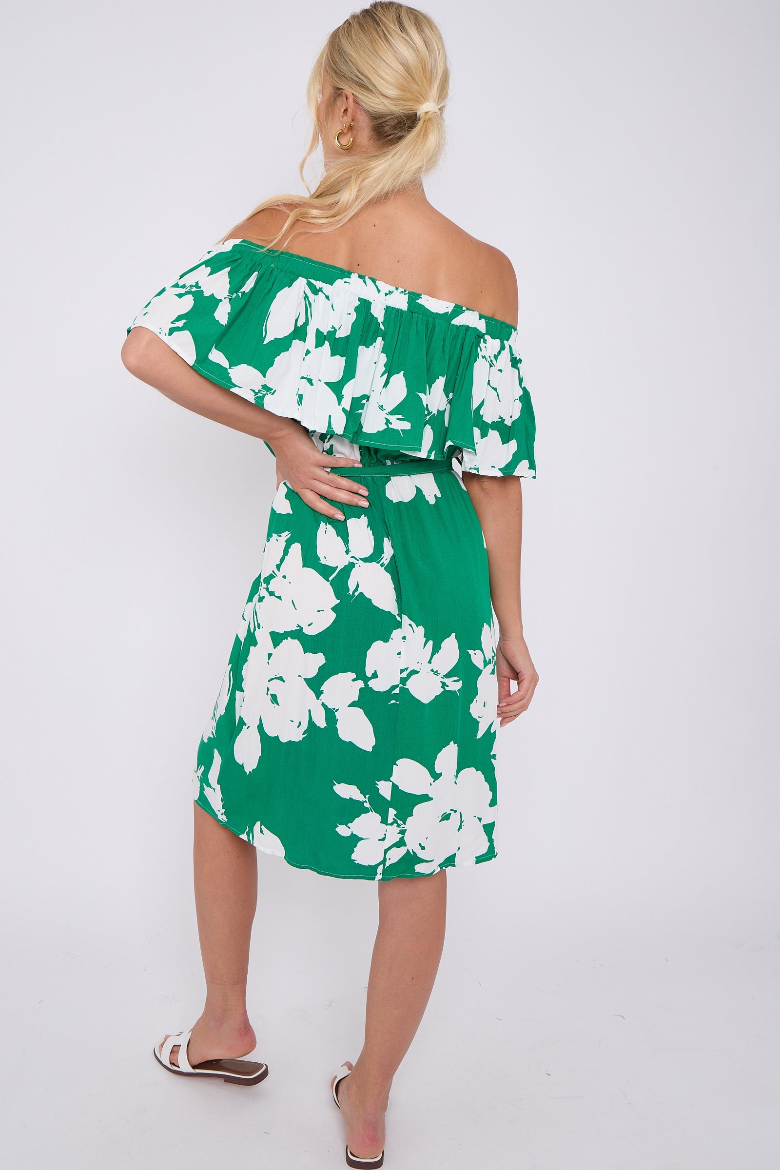 8Pcs Green Floral Print Bardot Mini Dress