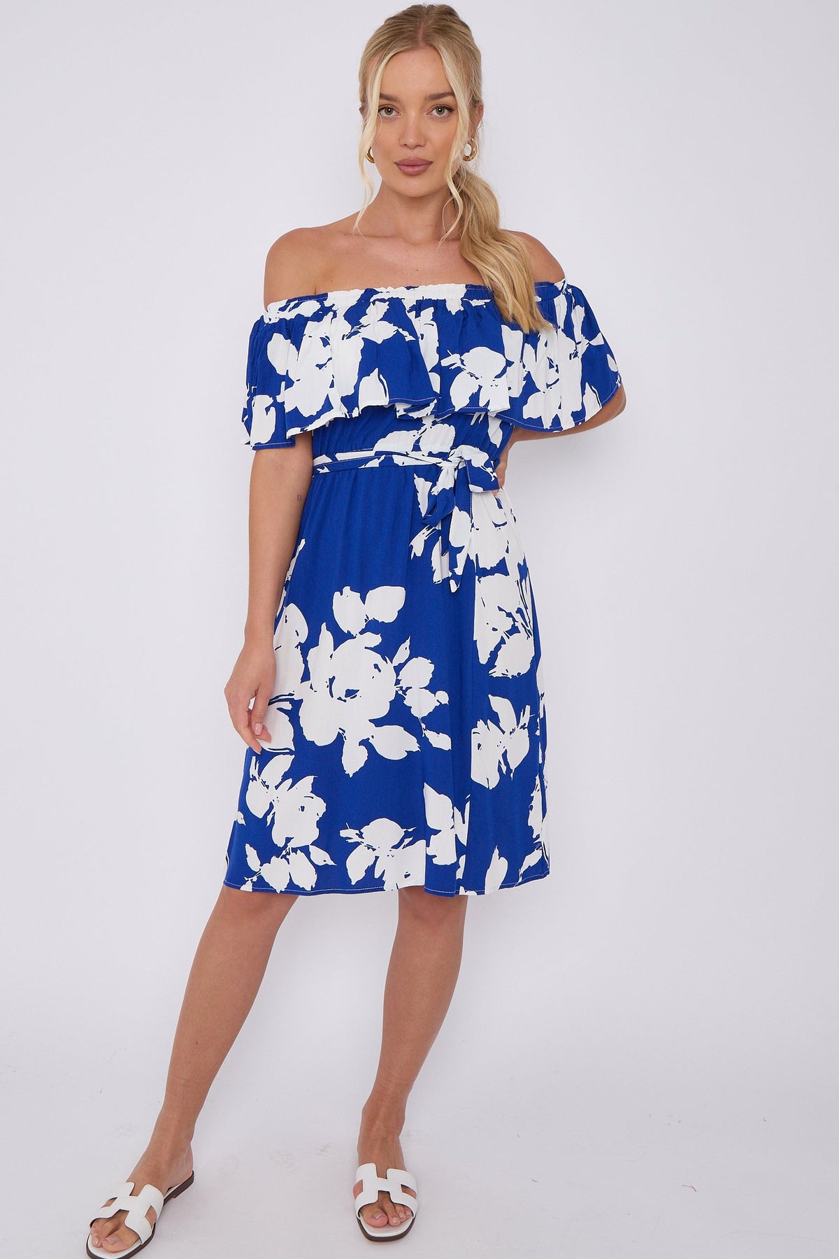 8Pcs Blue Floral Print Bardot Mini Dress