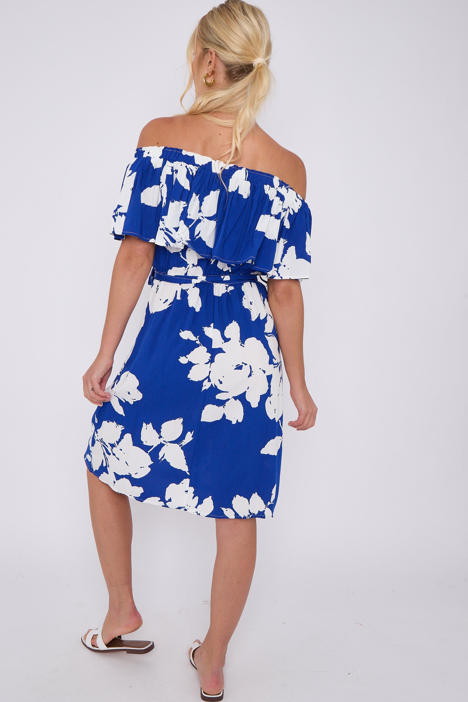 8Pcs Blue Floral Print Bardot Mini Dress