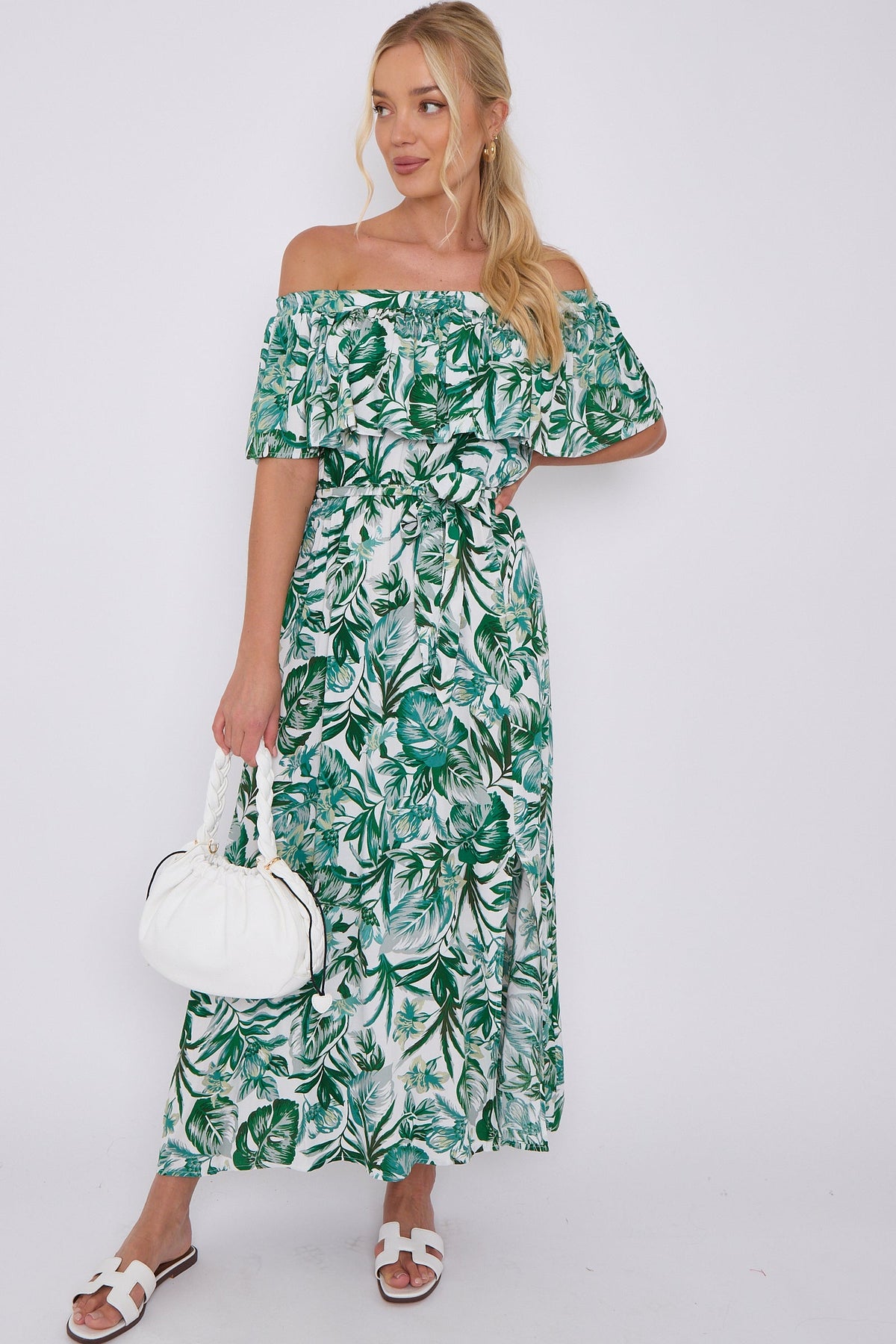 8Pcs Green Leaf Floral Print Bardot Maxi Dress
