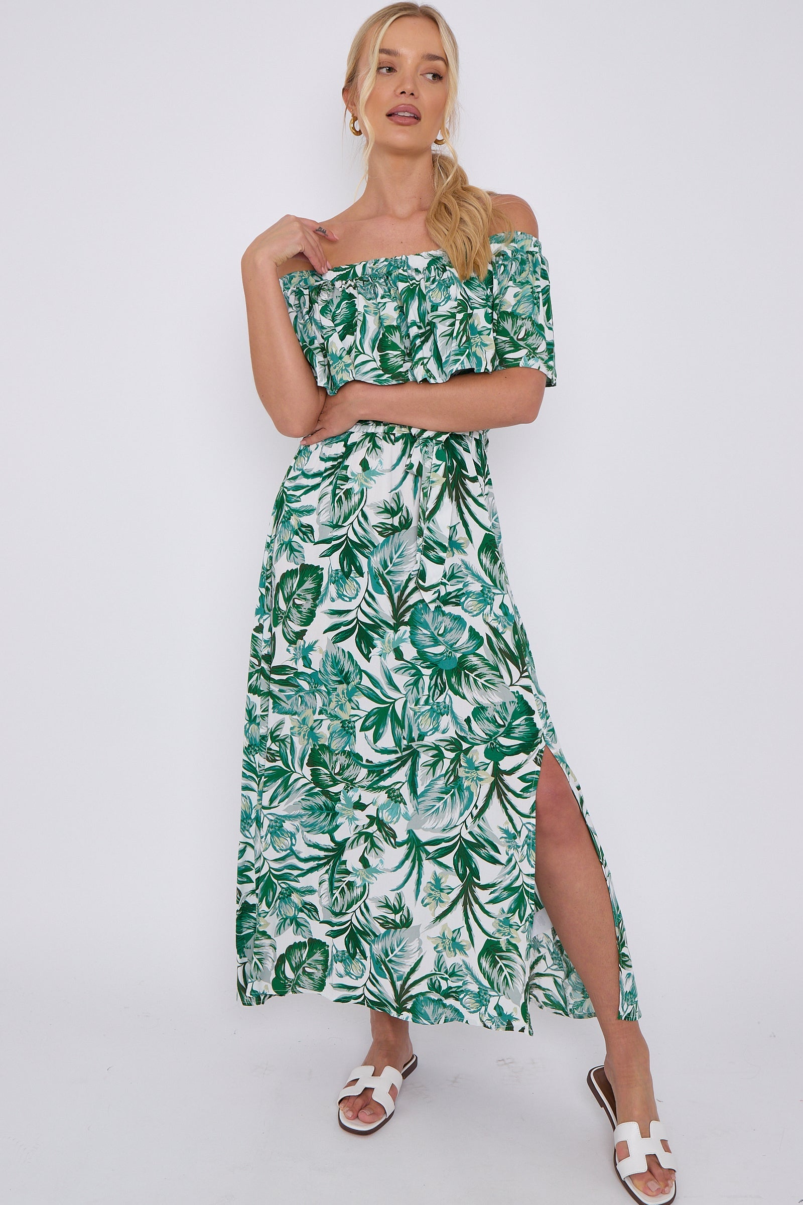 8Pcs Green Leaf Floral Print Bardot Maxi Dress