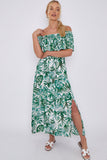 8Pcs Green Leaf Floral Print Bardot Maxi Dress