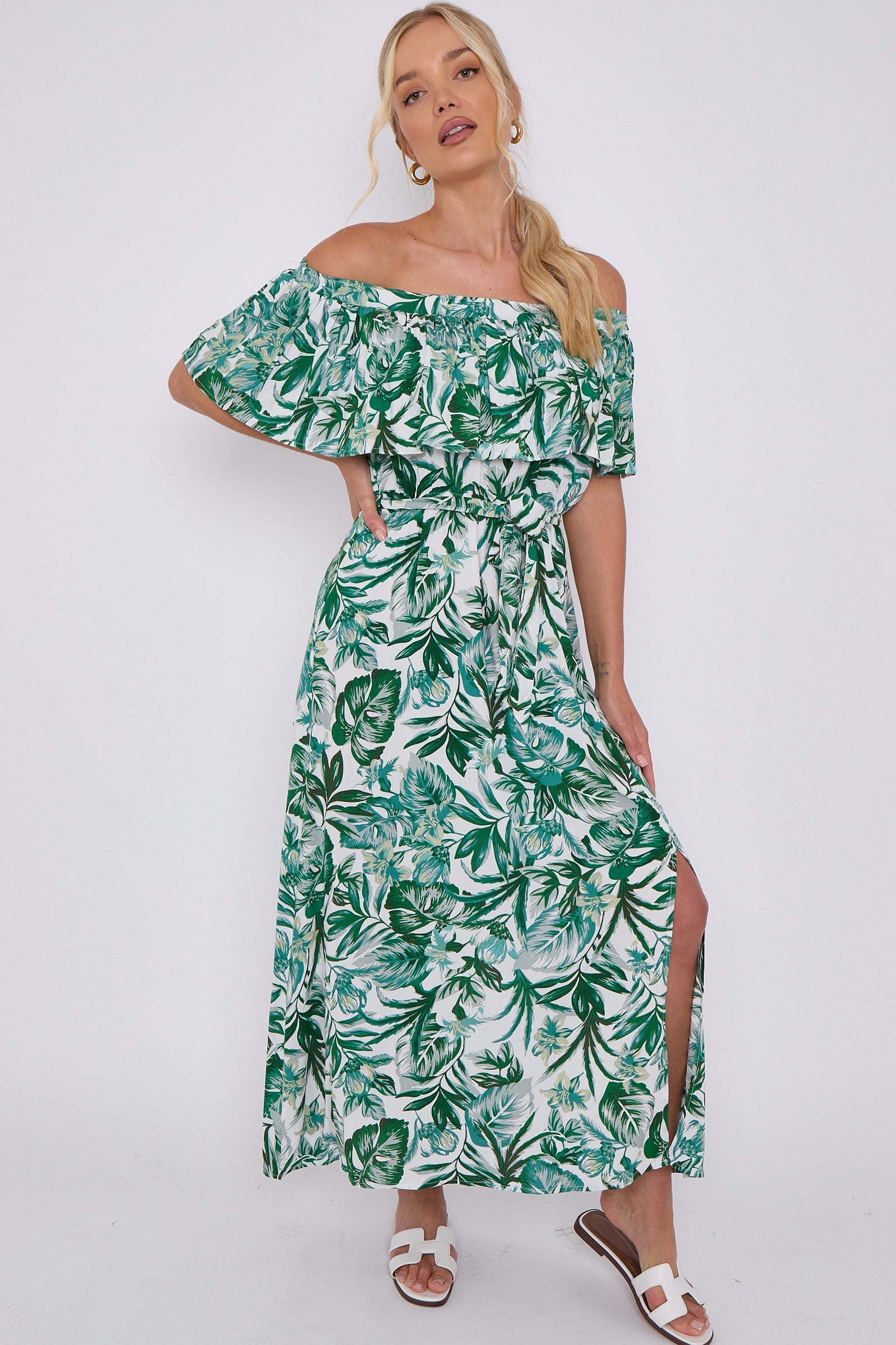 8Pcs Green Leaf Floral Print Bardot Maxi Dress