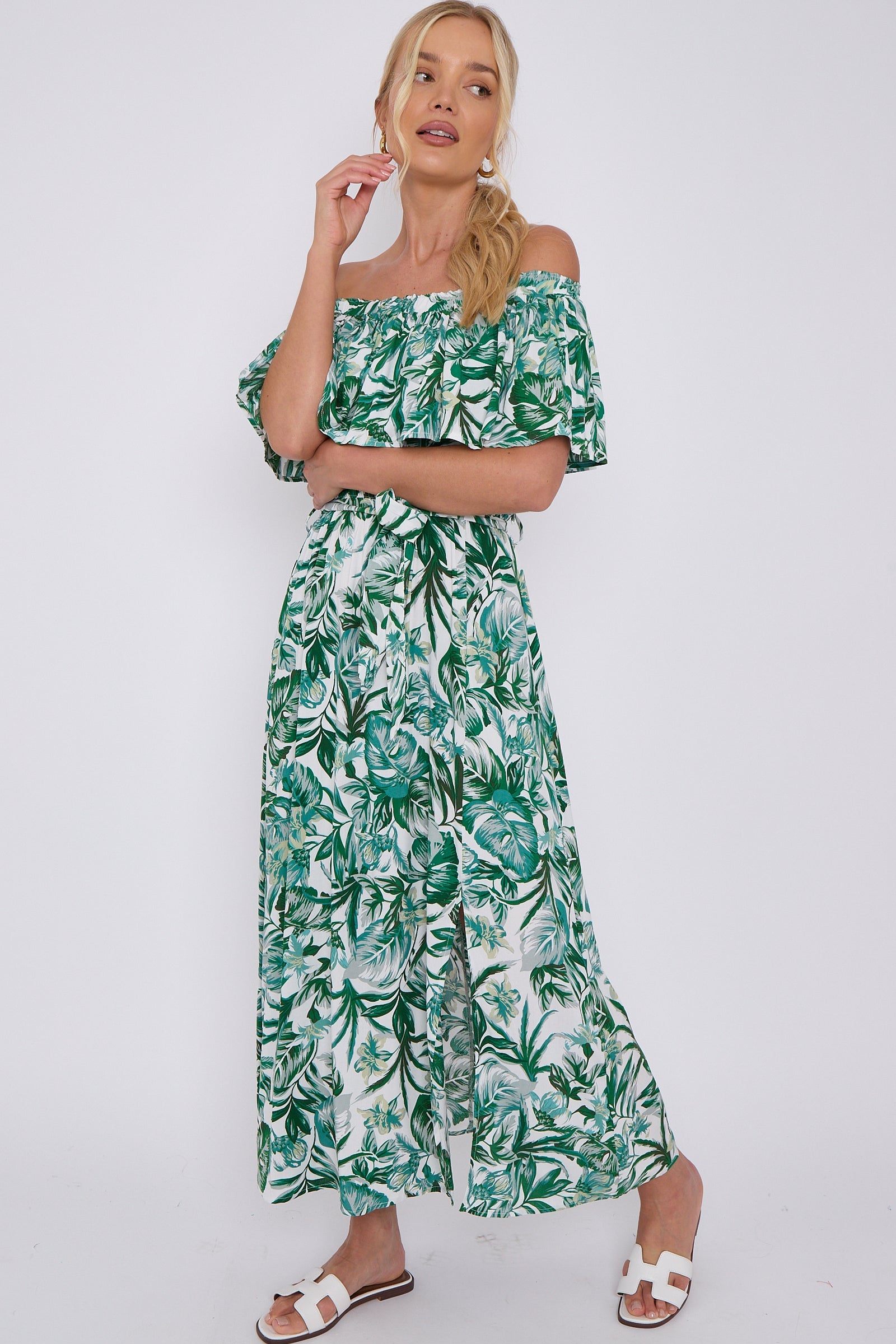 8Pcs Green Leaf Floral Print Bardot Maxi Dress