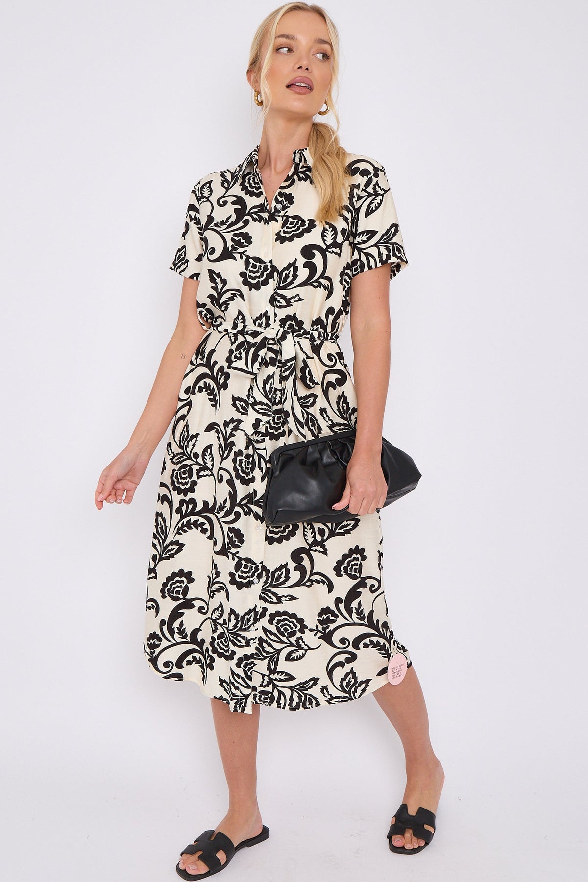 6Pcs Black Floral Print Short Sleeve Midi Shirt Dress