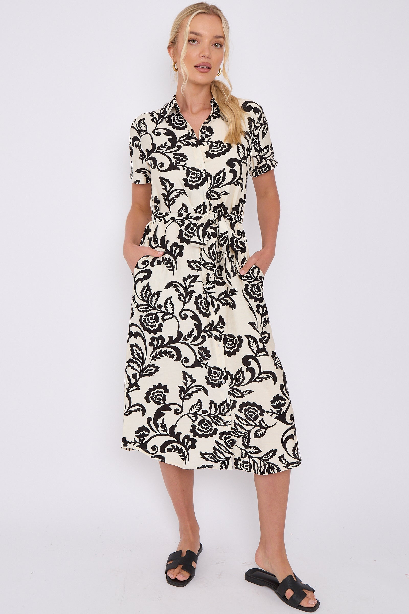 6Pcs Black Floral Print Short Sleeve Midi Shirt Dress