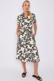 6Pcs Black Floral Print Short Sleeve Midi Shirt Dress
