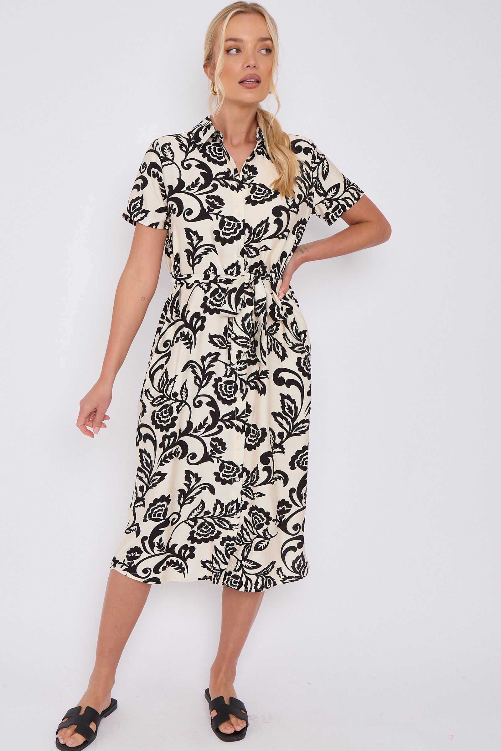 6Pcs Black Floral Print Short Sleeve Midi Shirt Dress