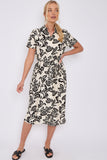 6Pcs Black Floral Print Short Sleeve Midi Shirt Dress