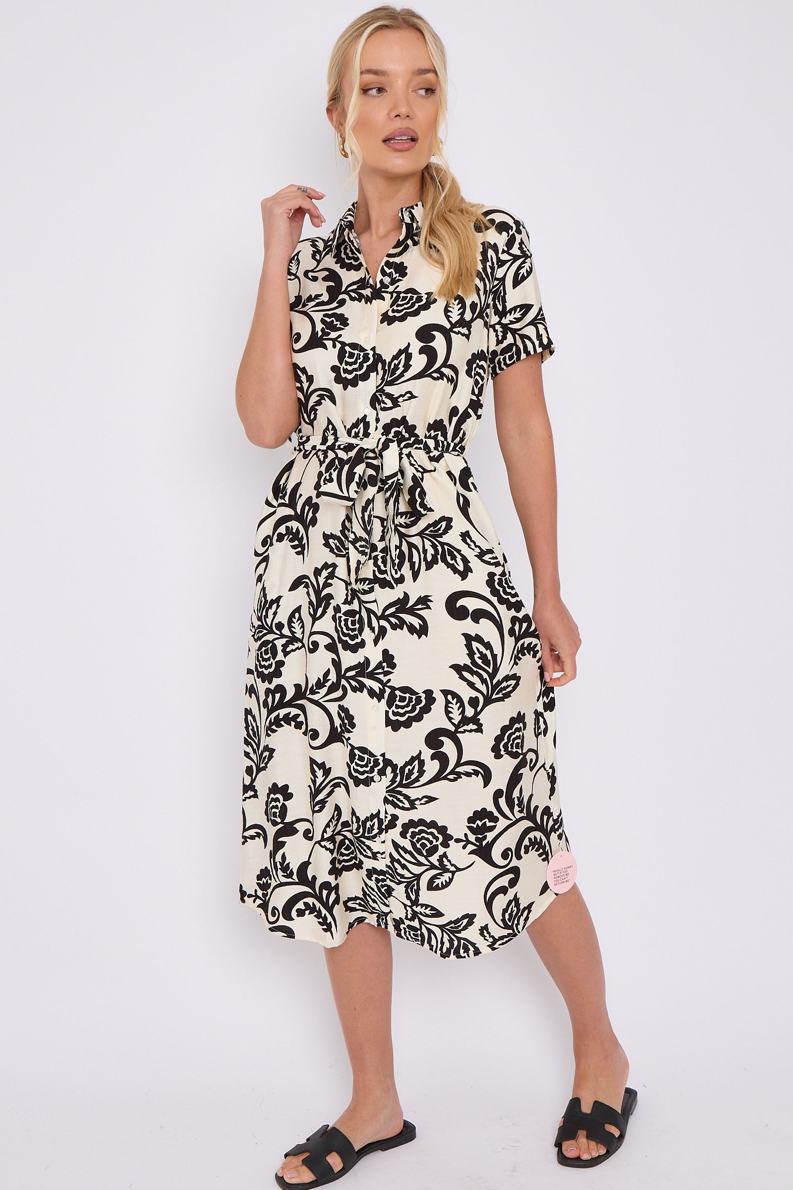 6Pcs Black Floral Print Short Sleeve Midi Shirt Dress