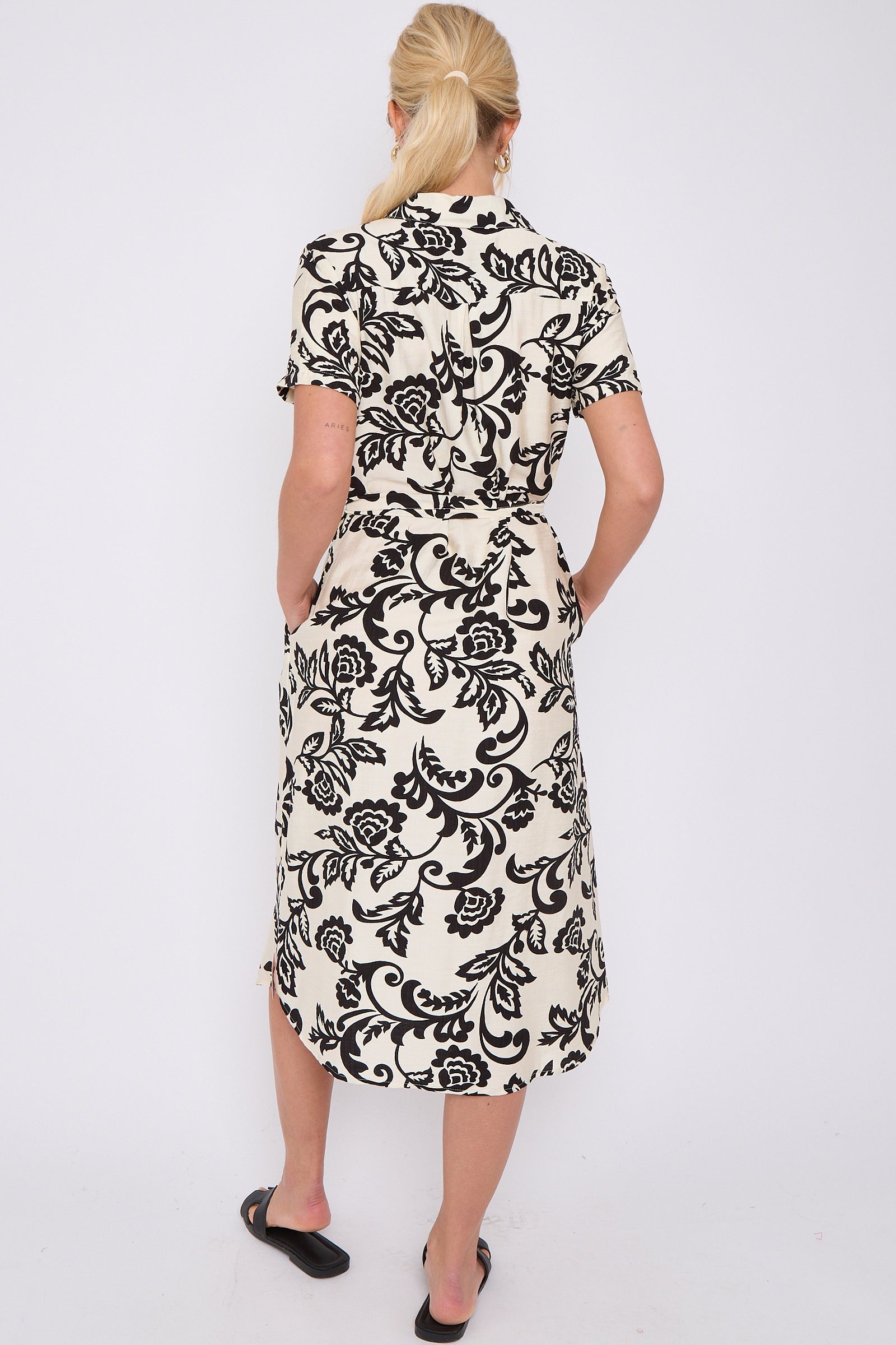 6Pcs Black Floral Print Short Sleeve Midi Shirt Dress