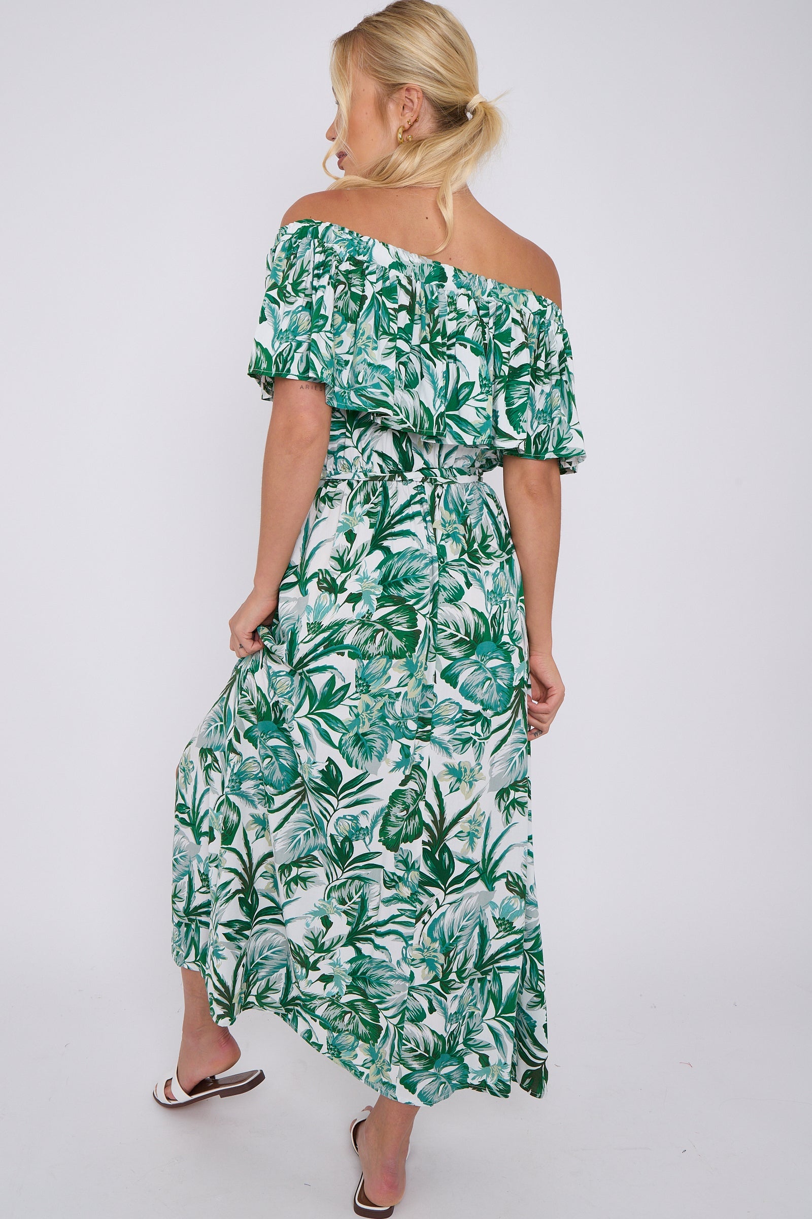 8Pcs Green Leaf Floral Print Bardot Maxi Dress