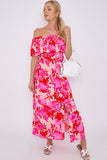 8Pcs Fuchsia Floral Print Bardot Maxi Dress