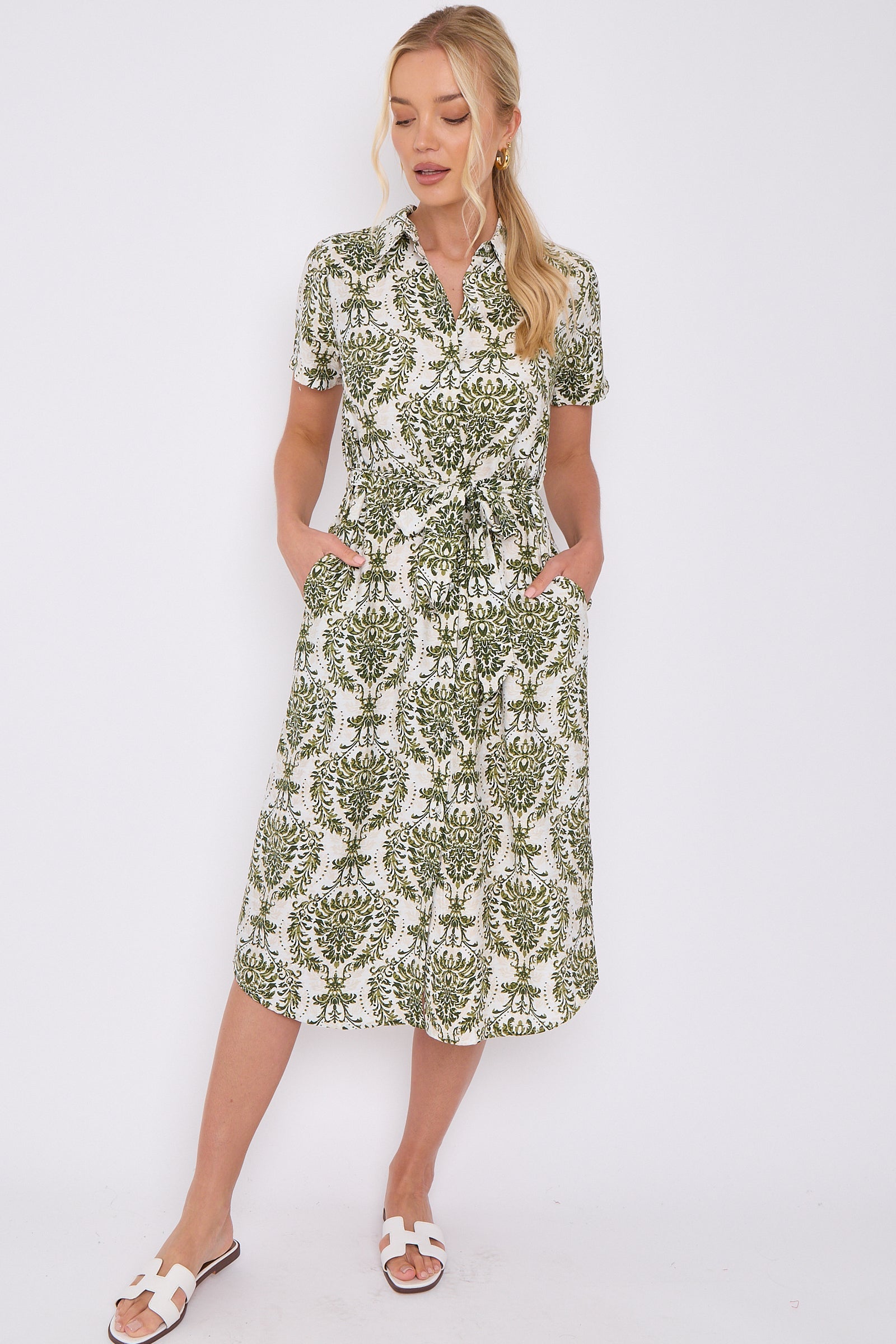 6Pcs Green Broderie Print Short Sleeve Midi Shirt Dress