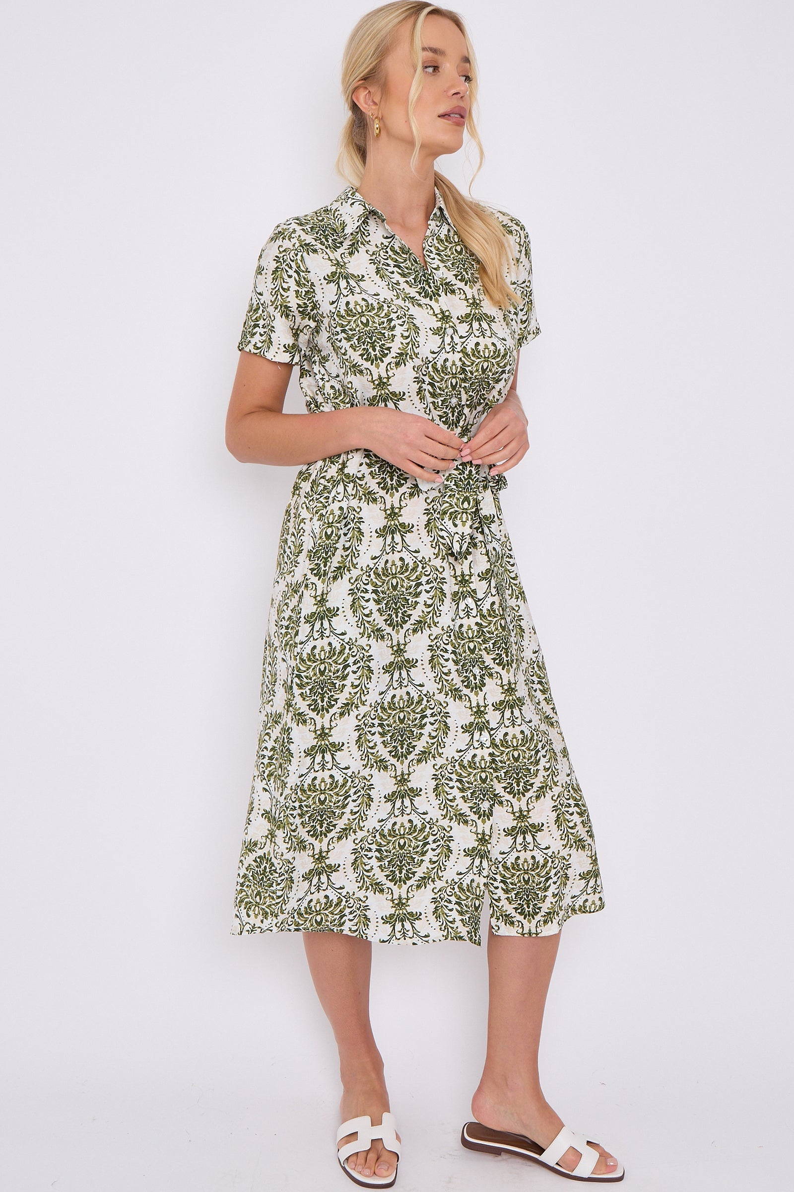 6Pcs Green Broderie Print Short Sleeve Midi Shirt Dress