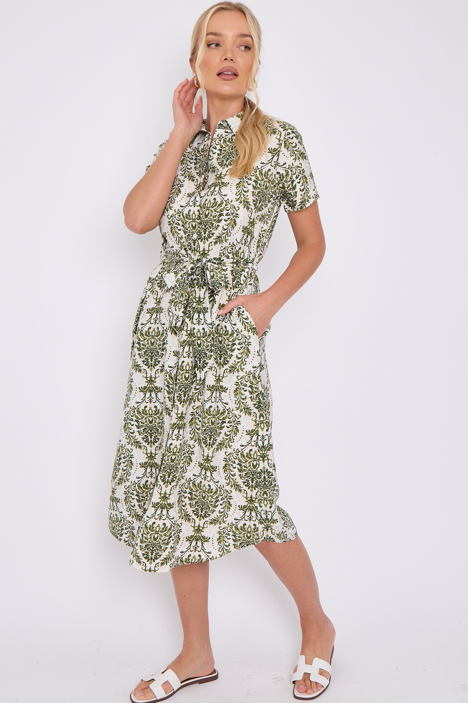 6Pcs Green Broderie Print Short Sleeve Midi Shirt Dress