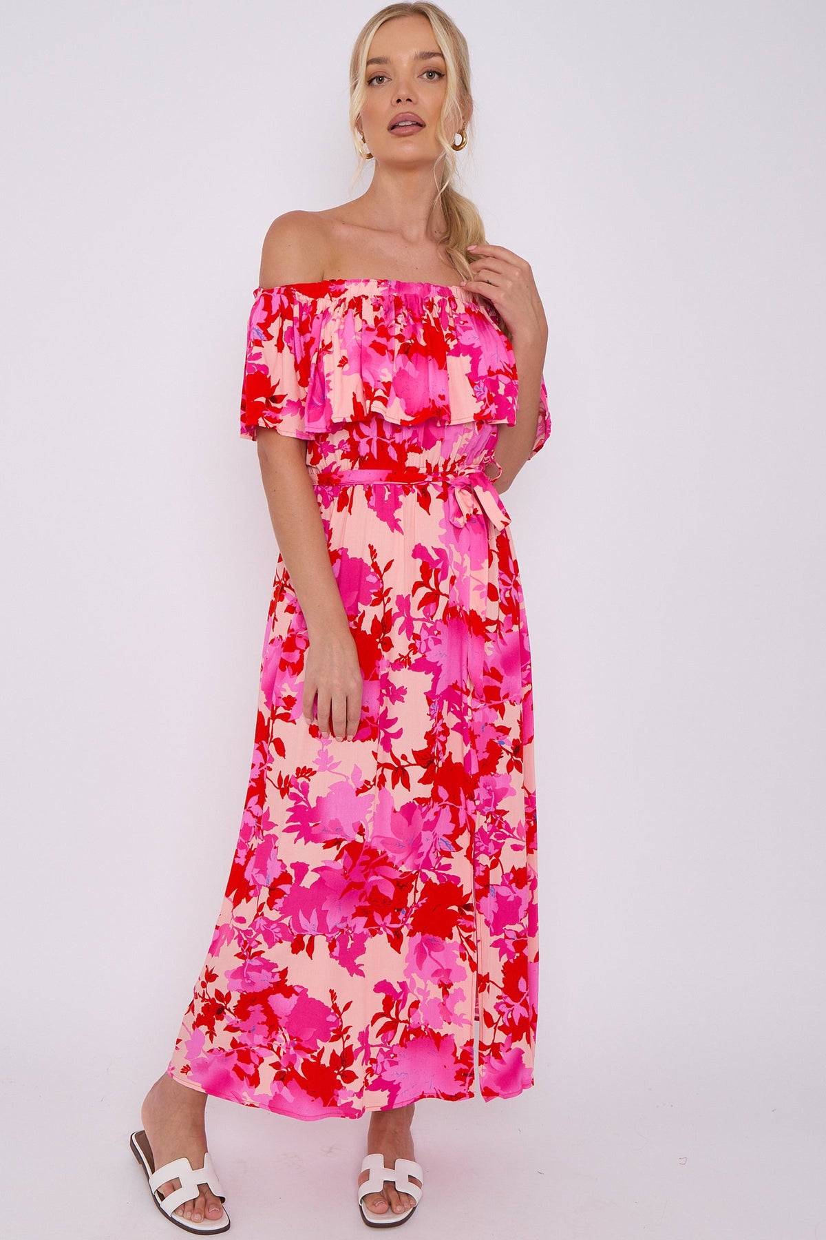 8Pcs Fuchsia Floral Print Bardot Maxi Dress