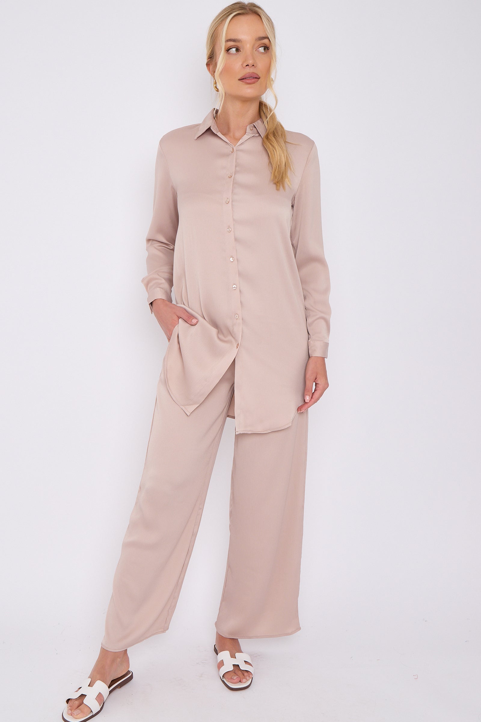 8Pcs Champagne Crepe Satin Co-ord Shirt and Trousers Set