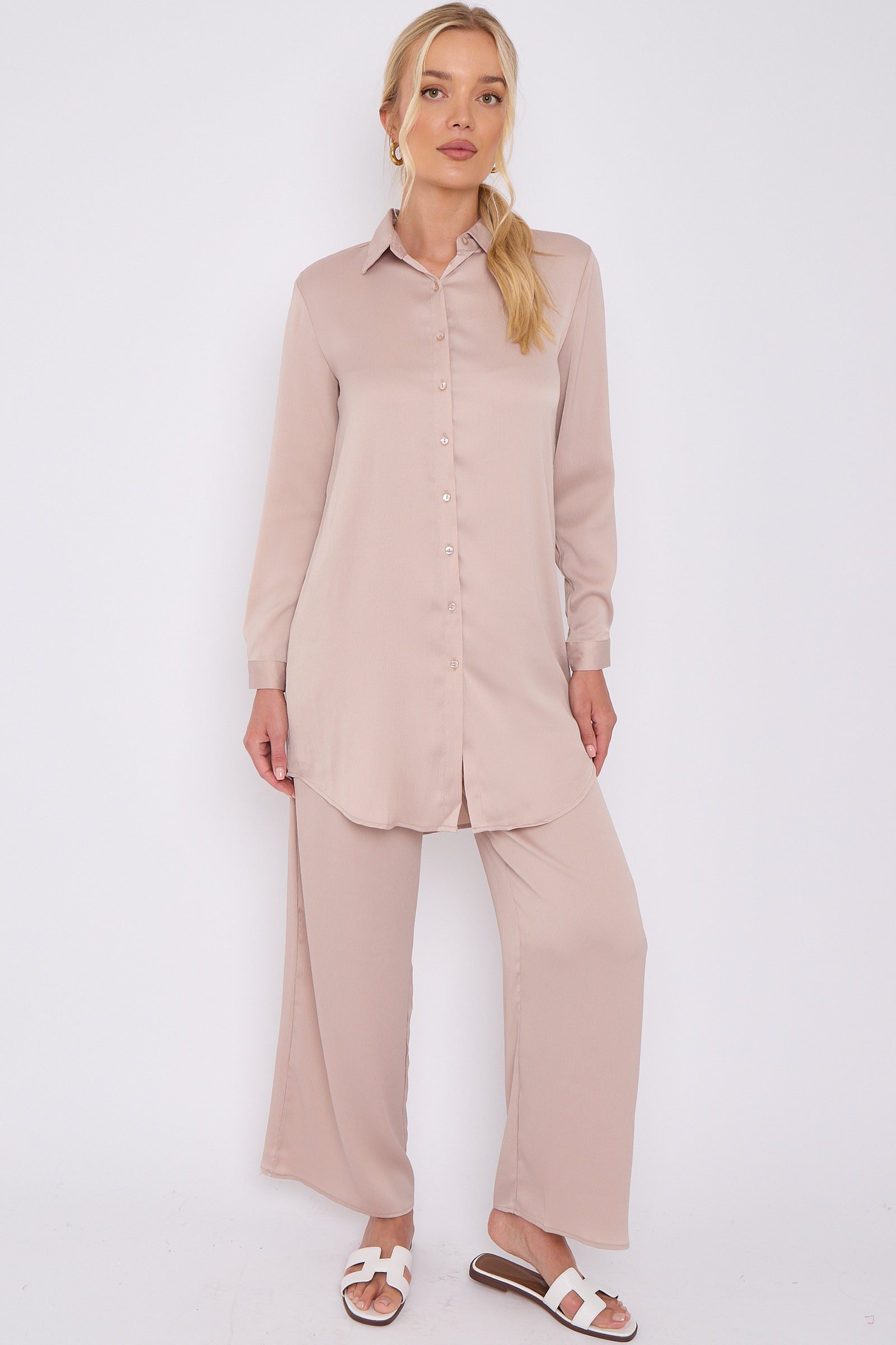 8Pcs Champagne Crepe Satin Co-ord Shirt and Trousers Set