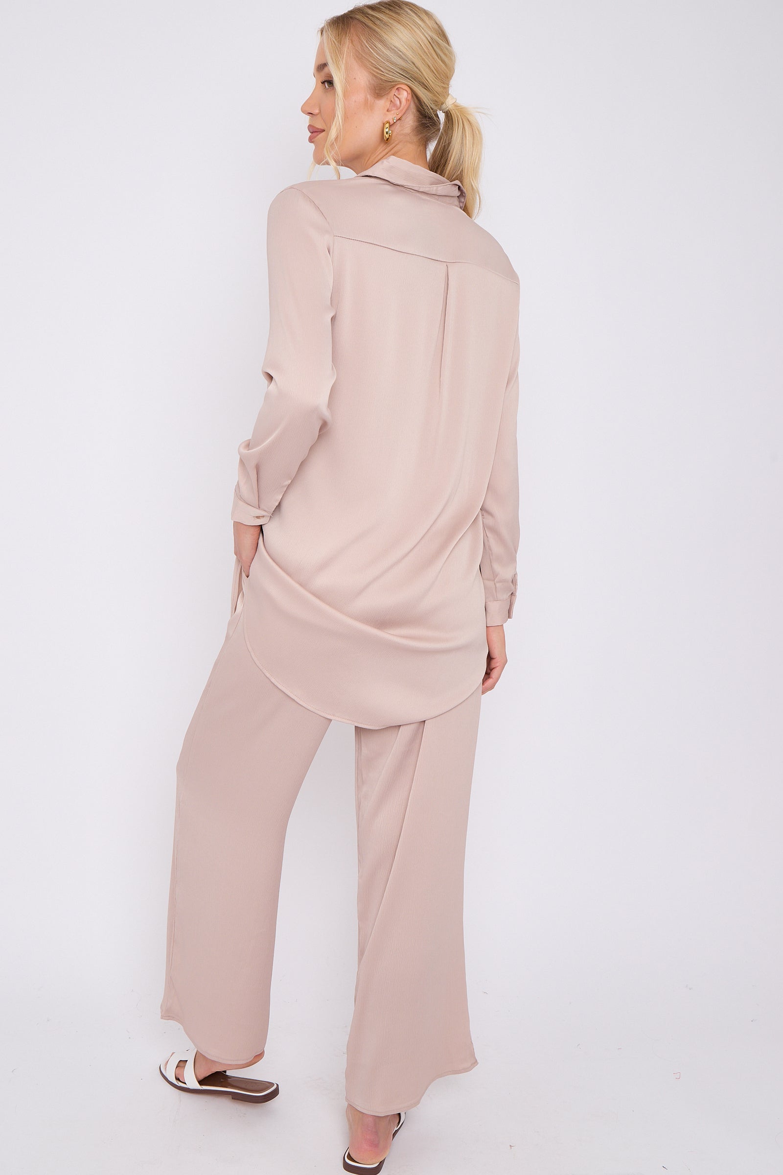 8Pcs Champagne Crepe Satin Co-ord Shirt and Trousers Set