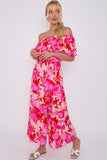 8Pcs Fuchsia Floral Print Bardot Maxi Dress