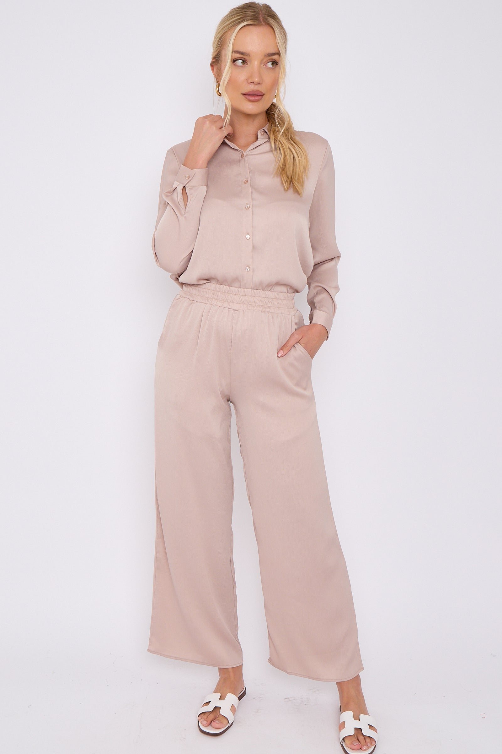 8Pcs Champagne Crepe Satin Co-ord Shirt and Trousers Set